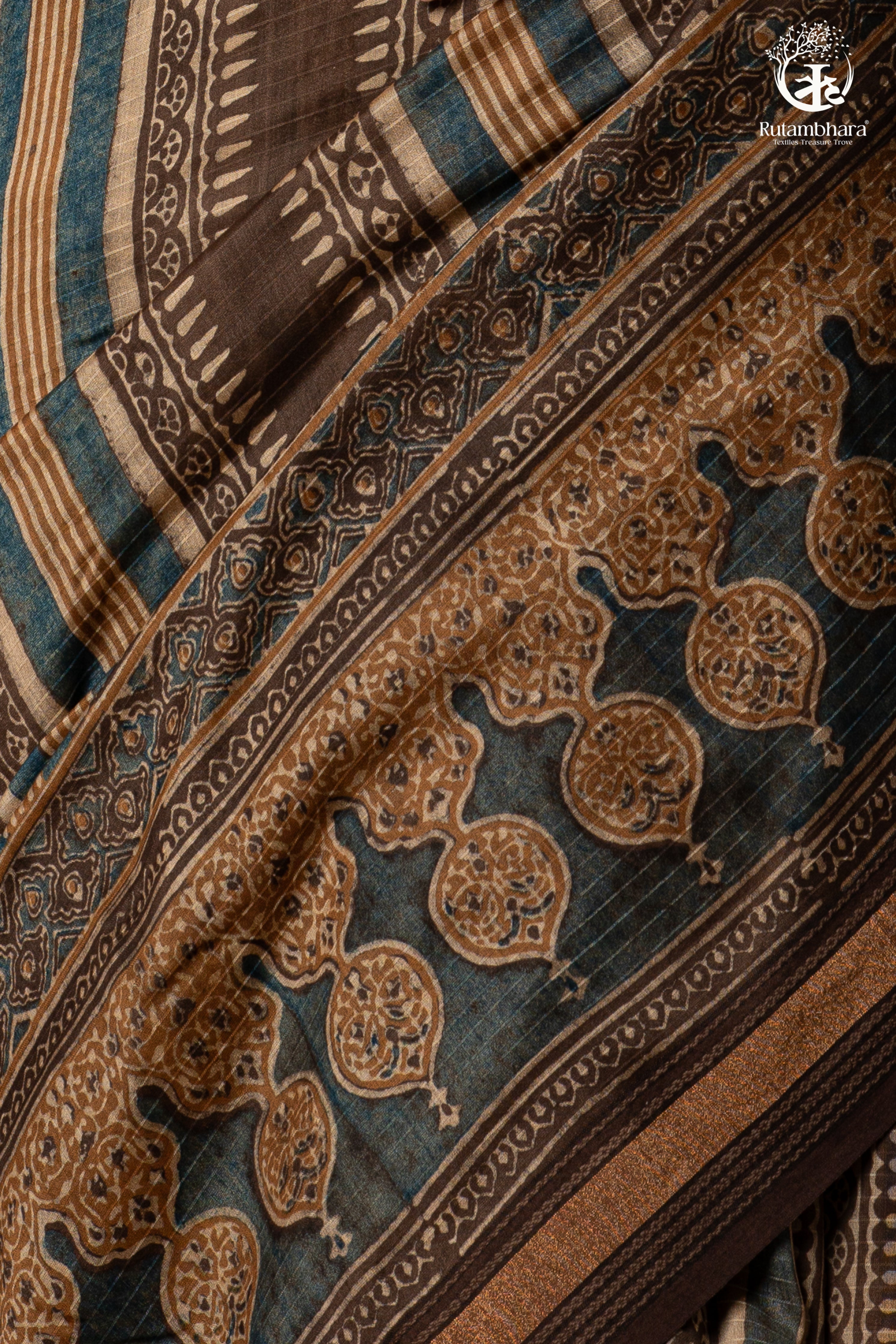 Ushraa - Walnut Indigo Ajrakh  Cotton Silk Saree with Gold Zari Border