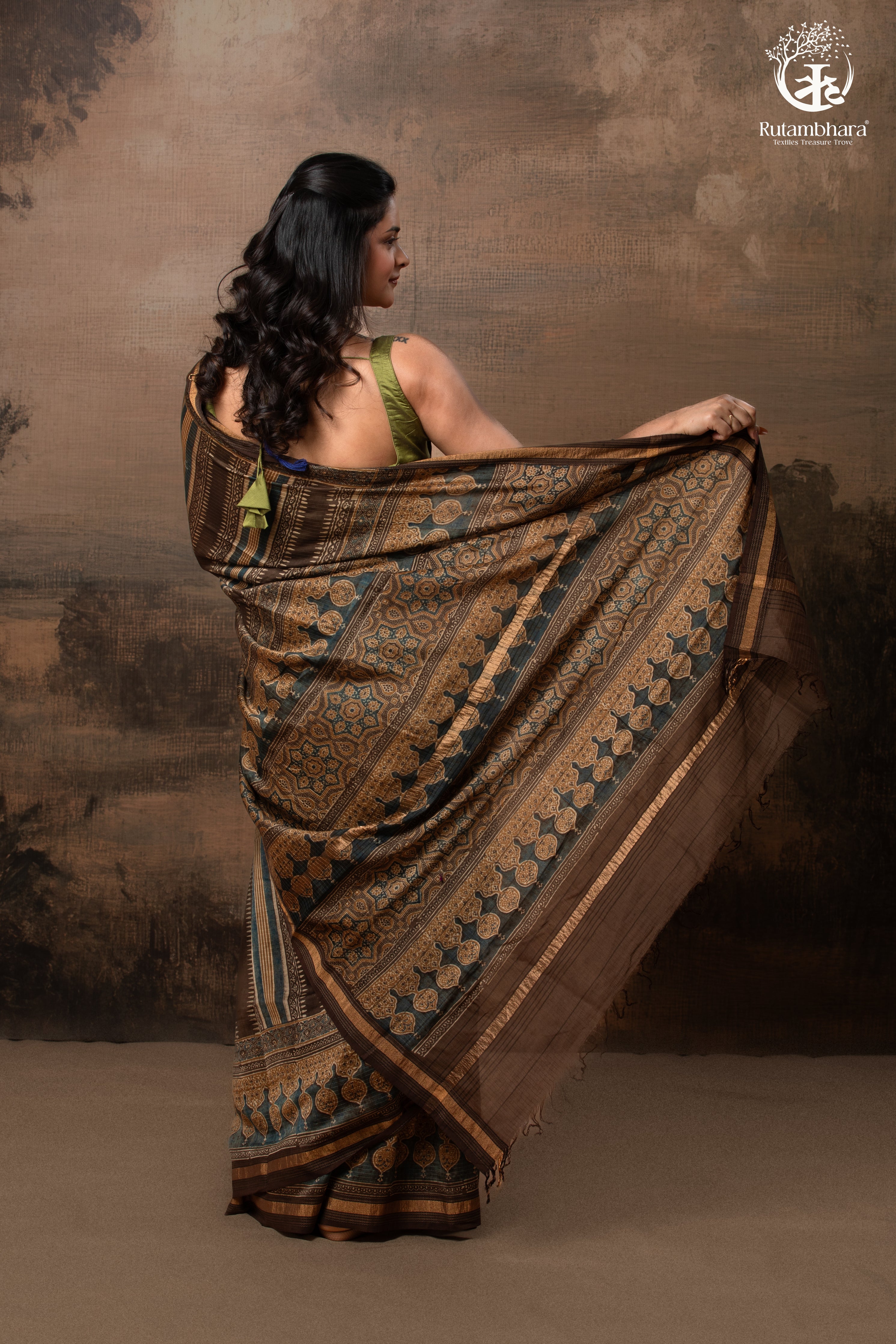 Ushraa - Walnut Indigo Ajrakh  Cotton Silk Saree with Gold Zari Border