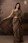 Ushraa - Walnut Indigo Ajrakh  Cotton Silk Saree with Gold Zari Border