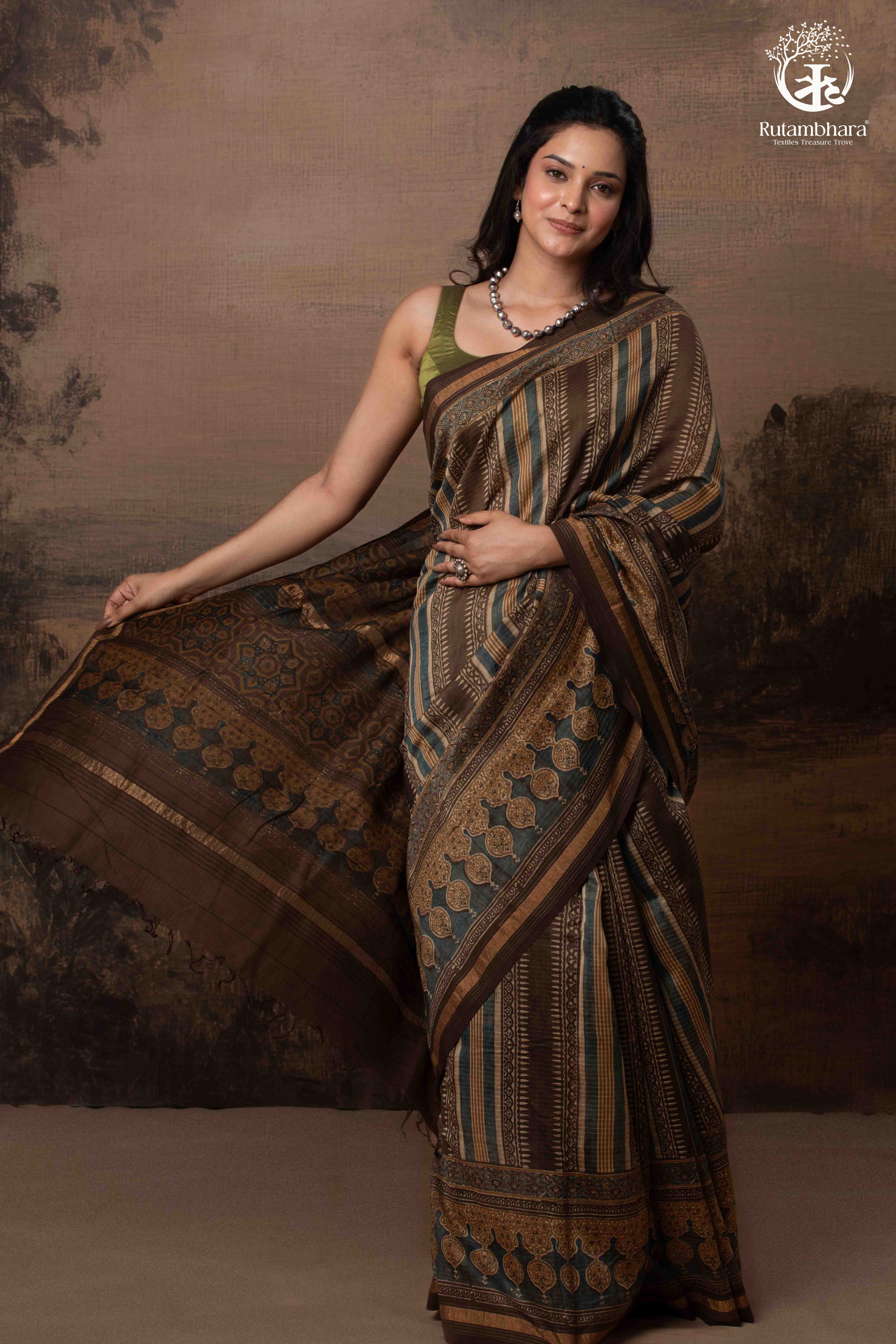 Ushraa - Walnut Indigo Ajrakh  Cotton Silk Saree with Gold Zari Border