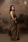 Ushraa - Walnut Indigo Ajrakh  Cotton Silk Saree with Gold Zari Border