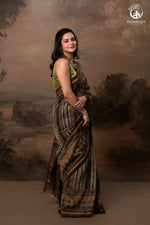 Ushraa - Walnut Indigo Ajrakh Cotton Silk Saree with Gold Zari Border-RUTAMBHARA-RUTAMBHARA
