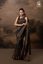 Ushraa - Charcoal Indigo Ajrakh Cotton Silk Saree With Gold Zari Border-RUTAMBHARA-RUTAMBHARA