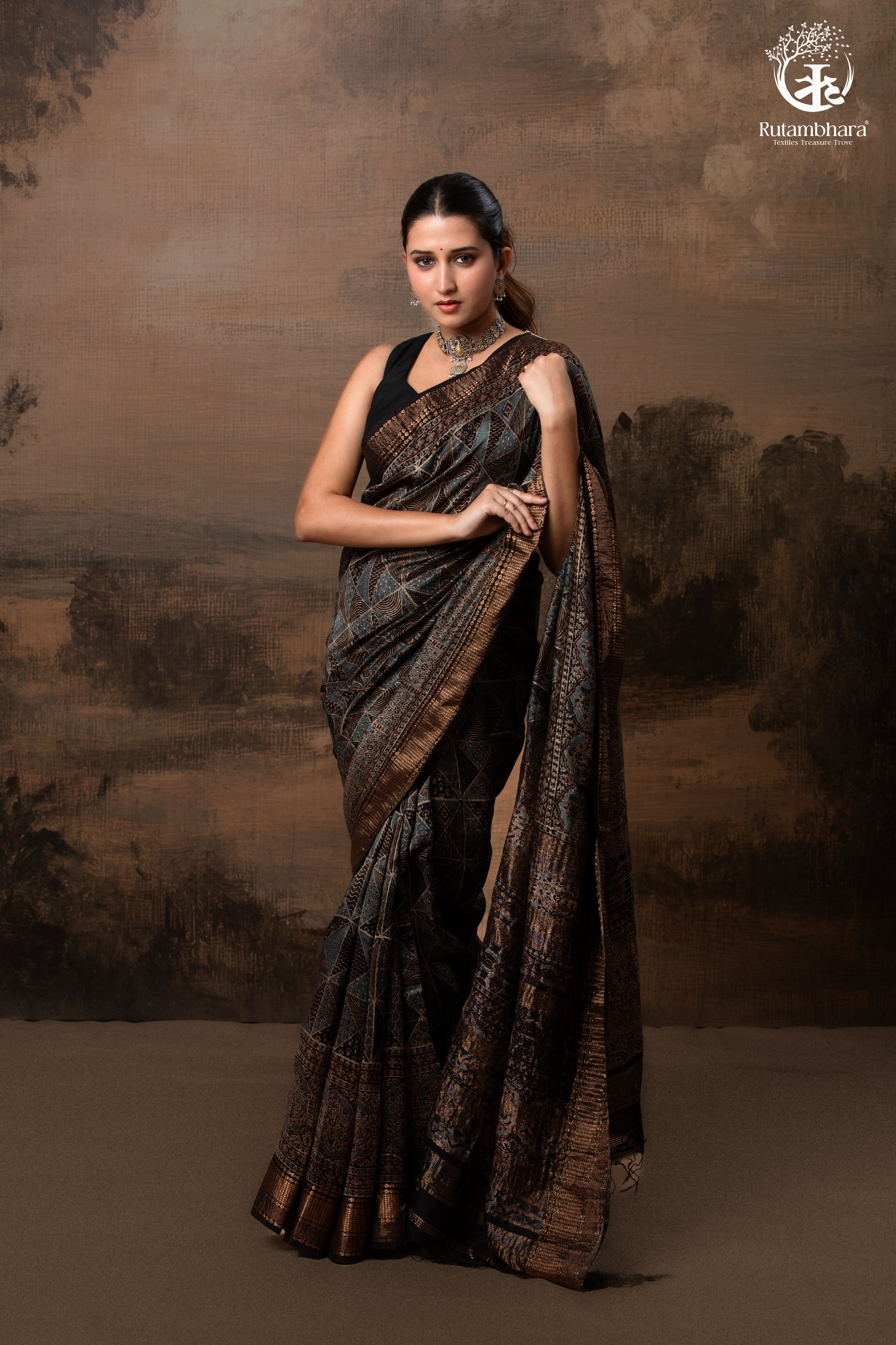Ushraa - Charcoal Indigo Ajrakh Cotton Silk Saree With Gold Zari Border