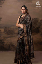 Ushraa - Charcoal Indigo Ajrakh Cotton Silk Saree With Gold Zari Border-RUTAMBHARA-RUTAMBHARA