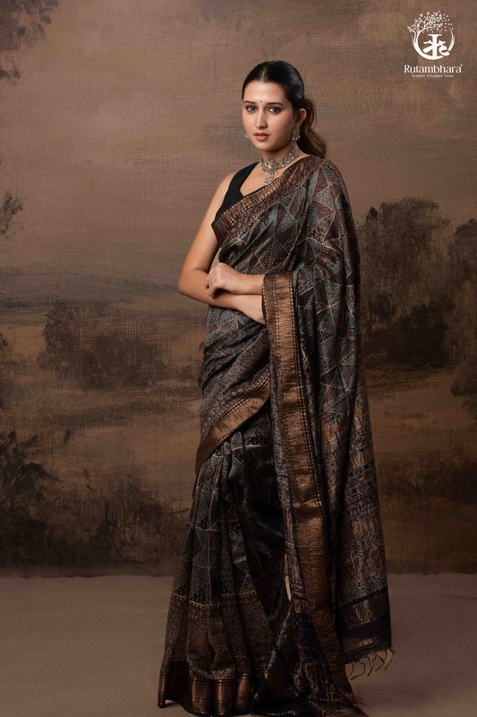 Ushraa - Charcoal Indigo Ajrakh Cotton Silk Saree With Gold Zari Border