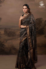 Ushraa - Charcoal Indigo Ajrakh Cotton Silk Saree With Gold Zari Border-RUTAMBHARA-RUTAMBHARA