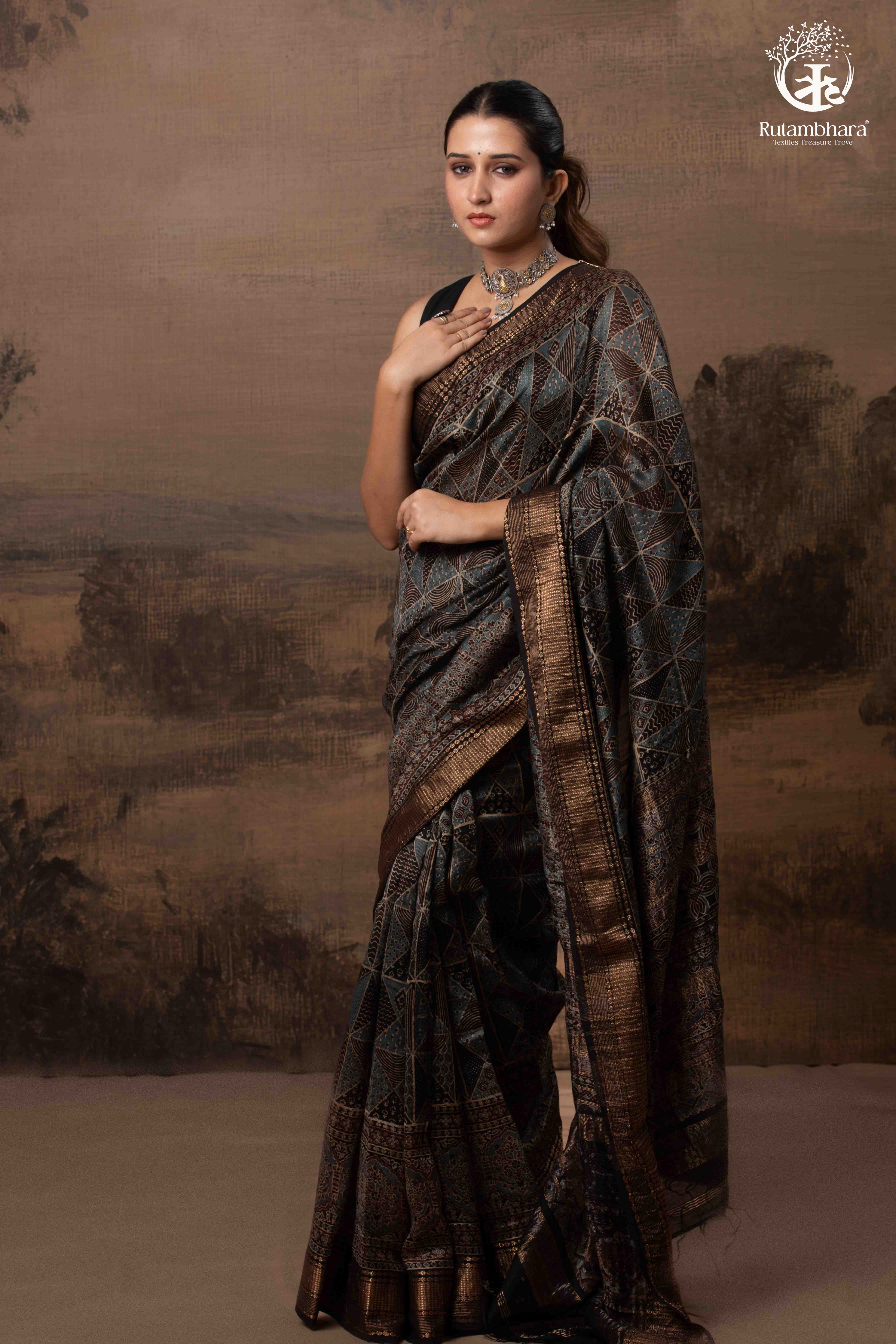 Ushraa - Charcoal Indigo Ajrakh Cotton Silk Saree With Gold Zari Border