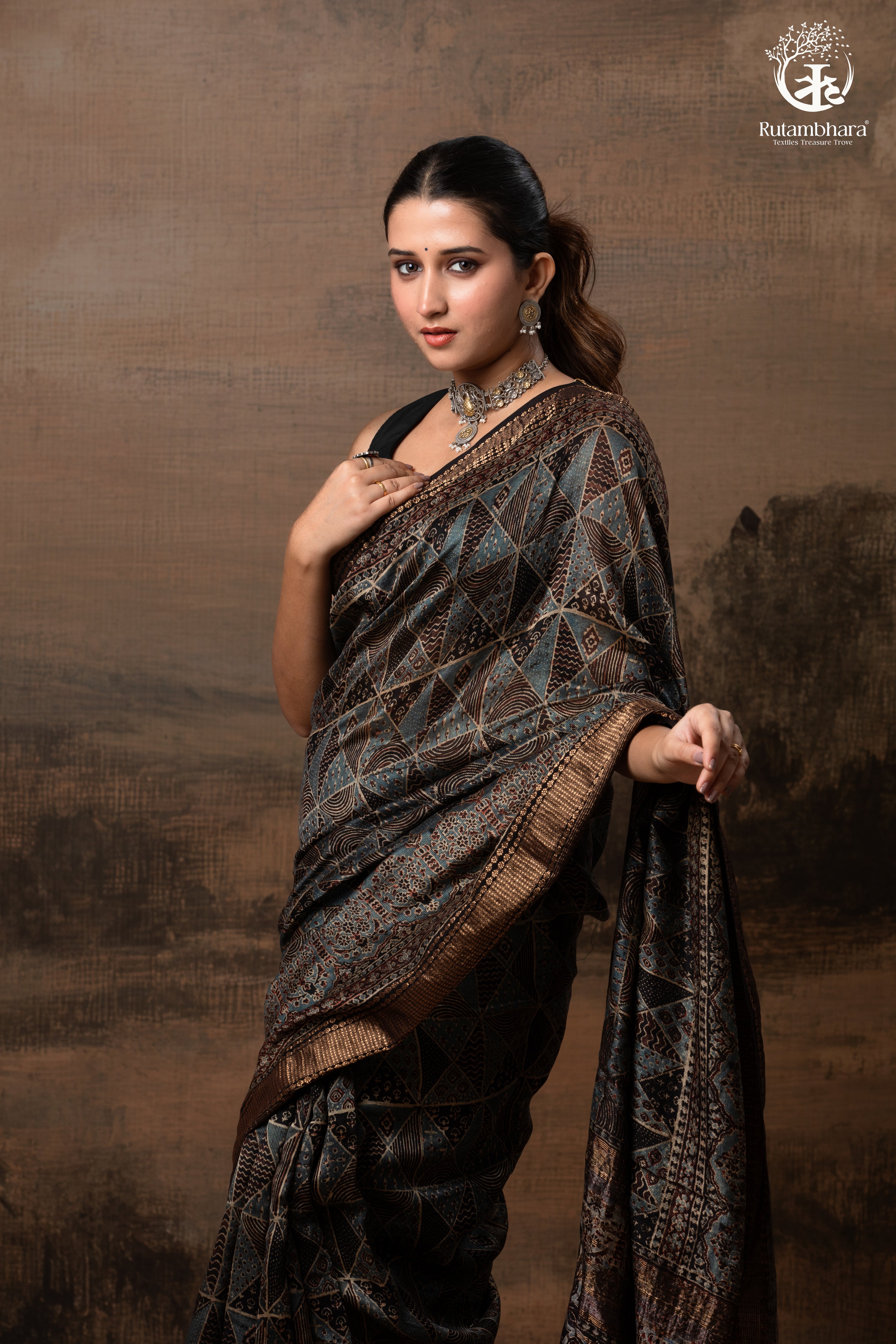 Ushraa - Charcoal Indigo Ajrakh Cotton Silk Saree With Gold Zari Border