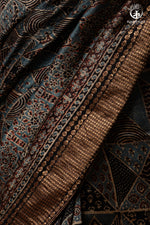 Ushraa - Charcoal Indigo Ajrakh Cotton Silk Saree With Gold Zari Border-RUTAMBHARA-RUTAMBHARA