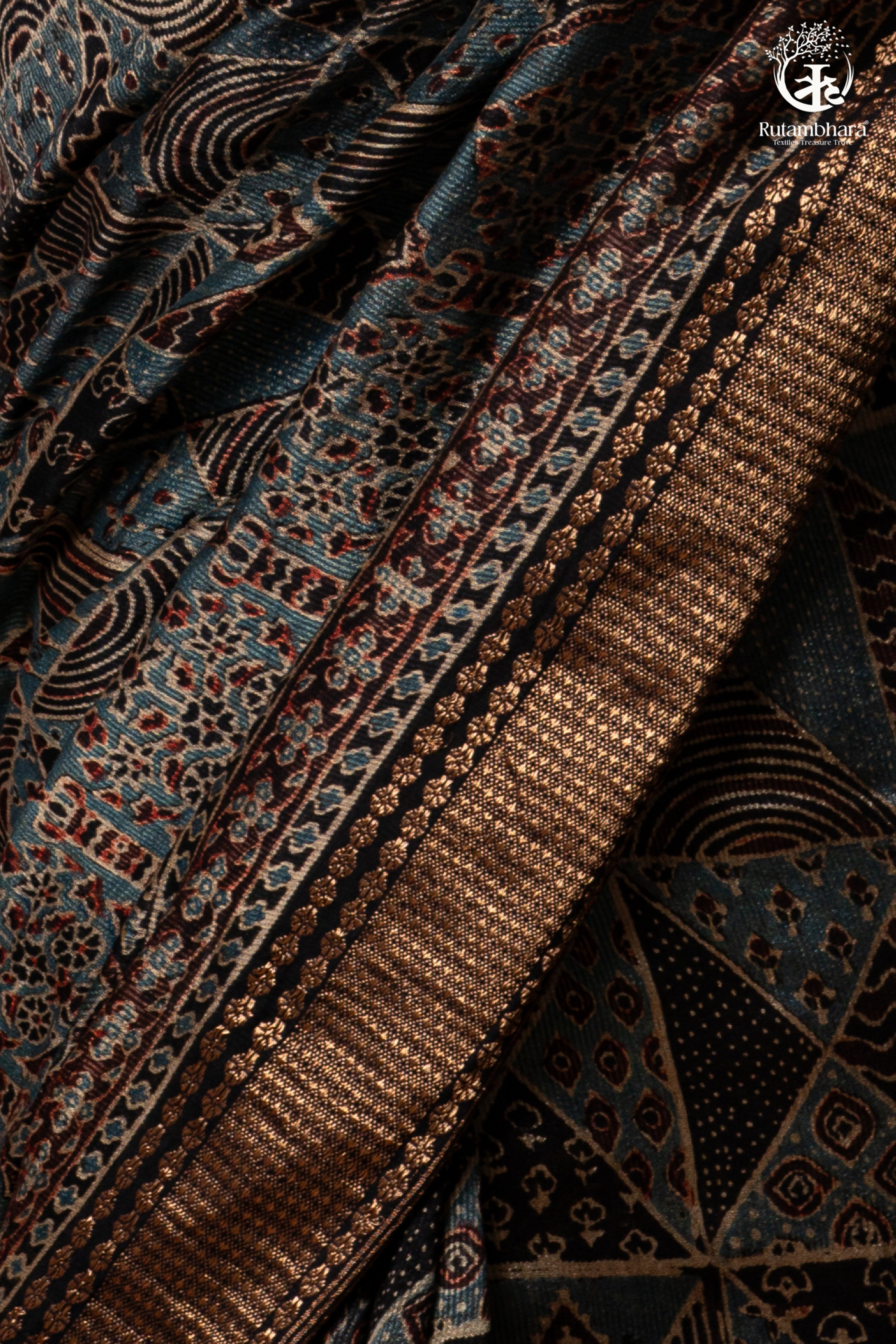 Ushraa - Charcoal Indigo Ajrakh Cotton Silk Saree With Gold Zari Border