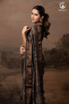 Ushraa - Charcoal Indigo Ajrakh Cotton Silk Saree With Gold Zari Border