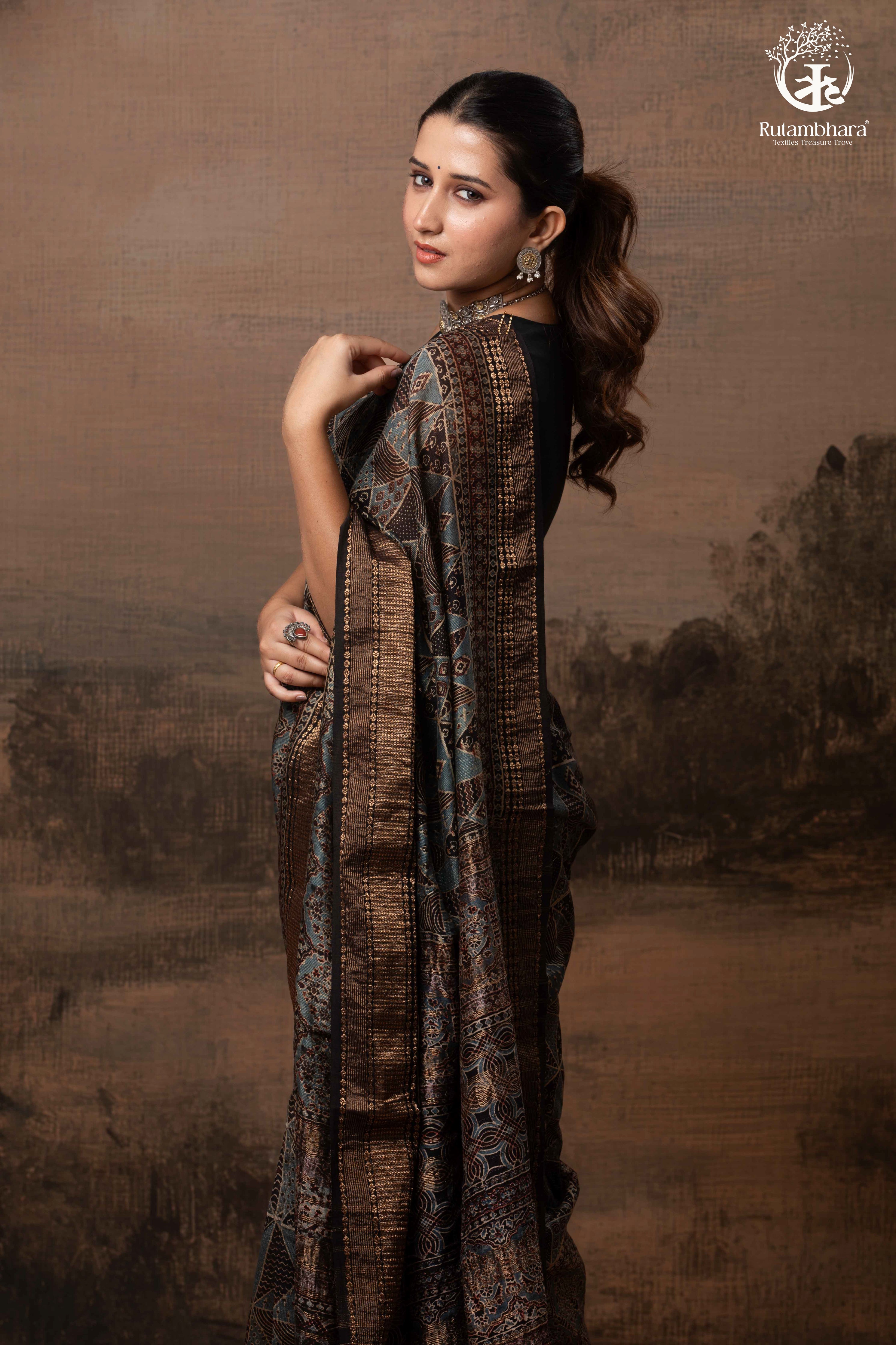 Ushraa - Charcoal Indigo Ajrakh Cotton Silk Saree With Gold Zari Border