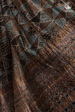 Ushraa - Charcoal Indigo Ajrakh Cotton Silk Saree With Gold Zari Border-RUTAMBHARA-RUTAMBHARA