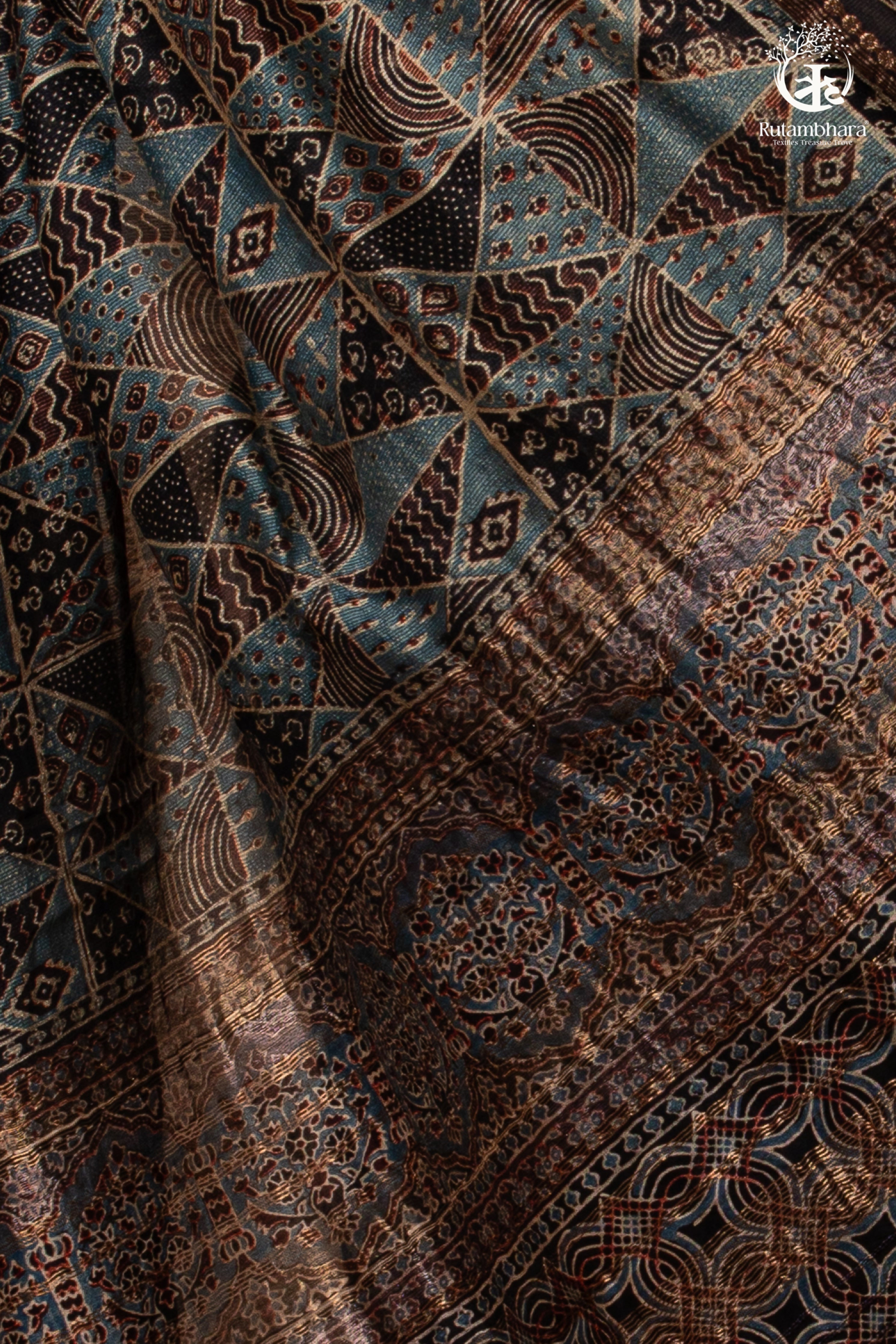 Ushraa - Charcoal Indigo Ajrakh Cotton Silk Saree With Gold Zari Border