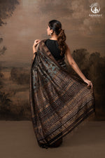Ushraa - Charcoal Indigo Ajrakh Cotton Silk Saree With Gold Zari Border-RUTAMBHARA-RUTAMBHARA