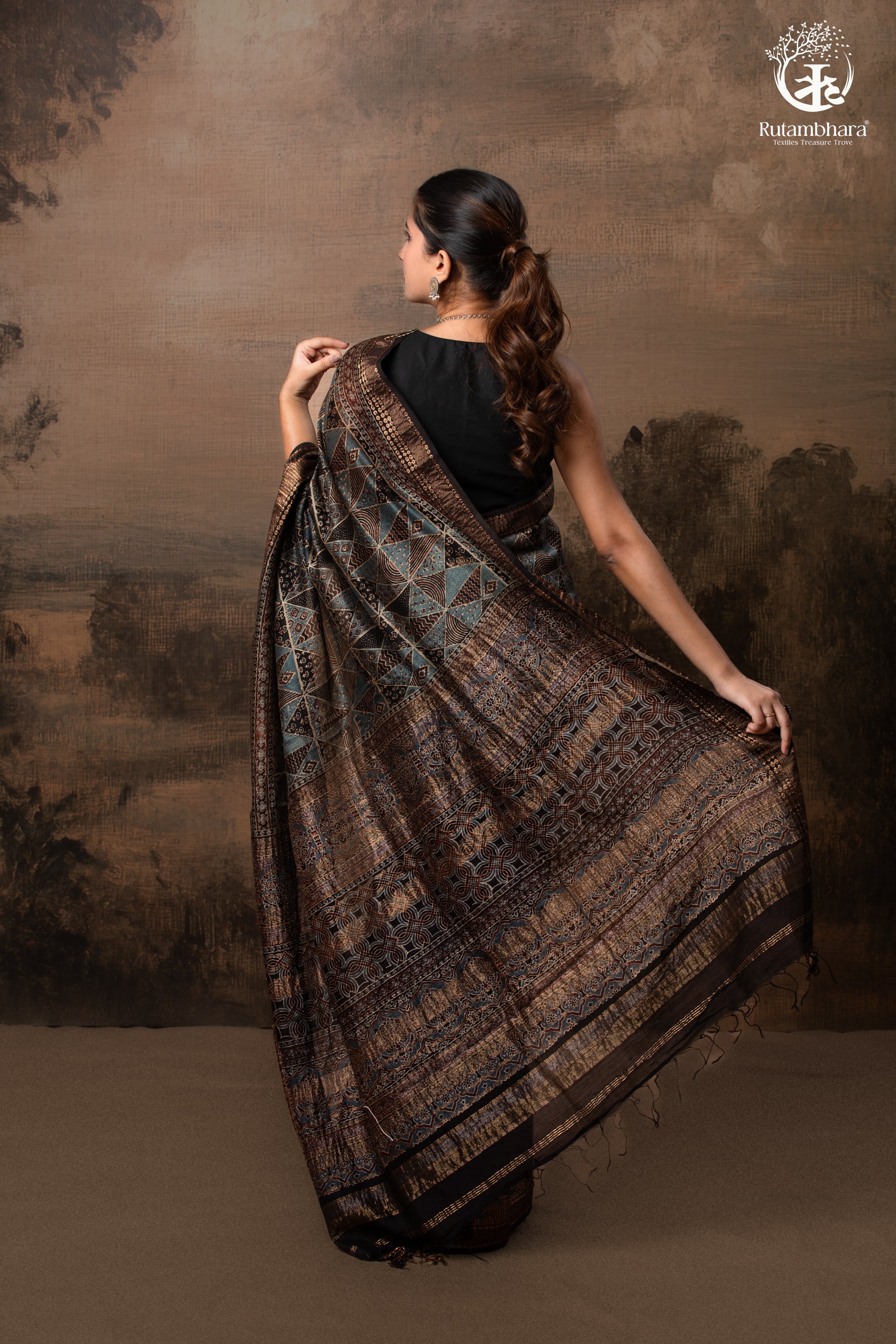Ushraa - Charcoal Indigo Ajrakh Cotton Silk Saree With Gold Zari Border