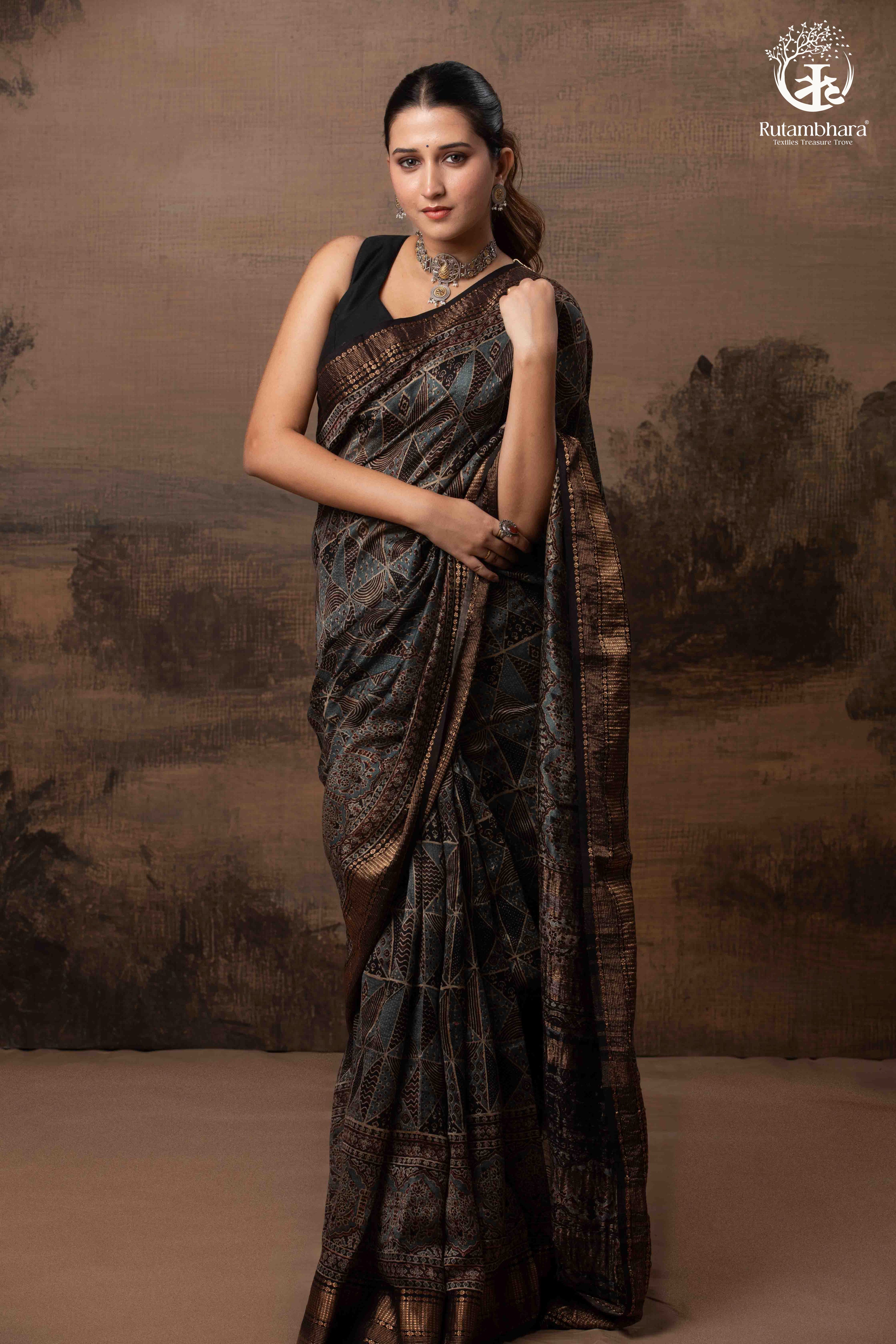 Ushraa - Charcoal Indigo Ajrakh Cotton Silk Saree With Gold Zari Border