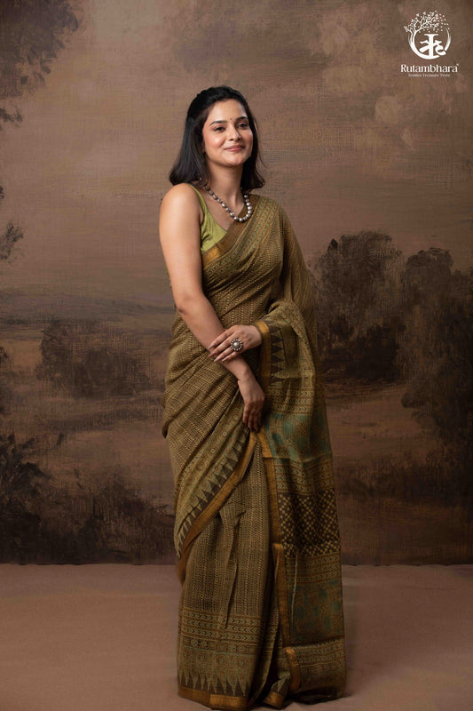 Ushraa -  Earthy Olive Ajrakh Kota Silk Cotton Saree with Delicate Gold Zari Border