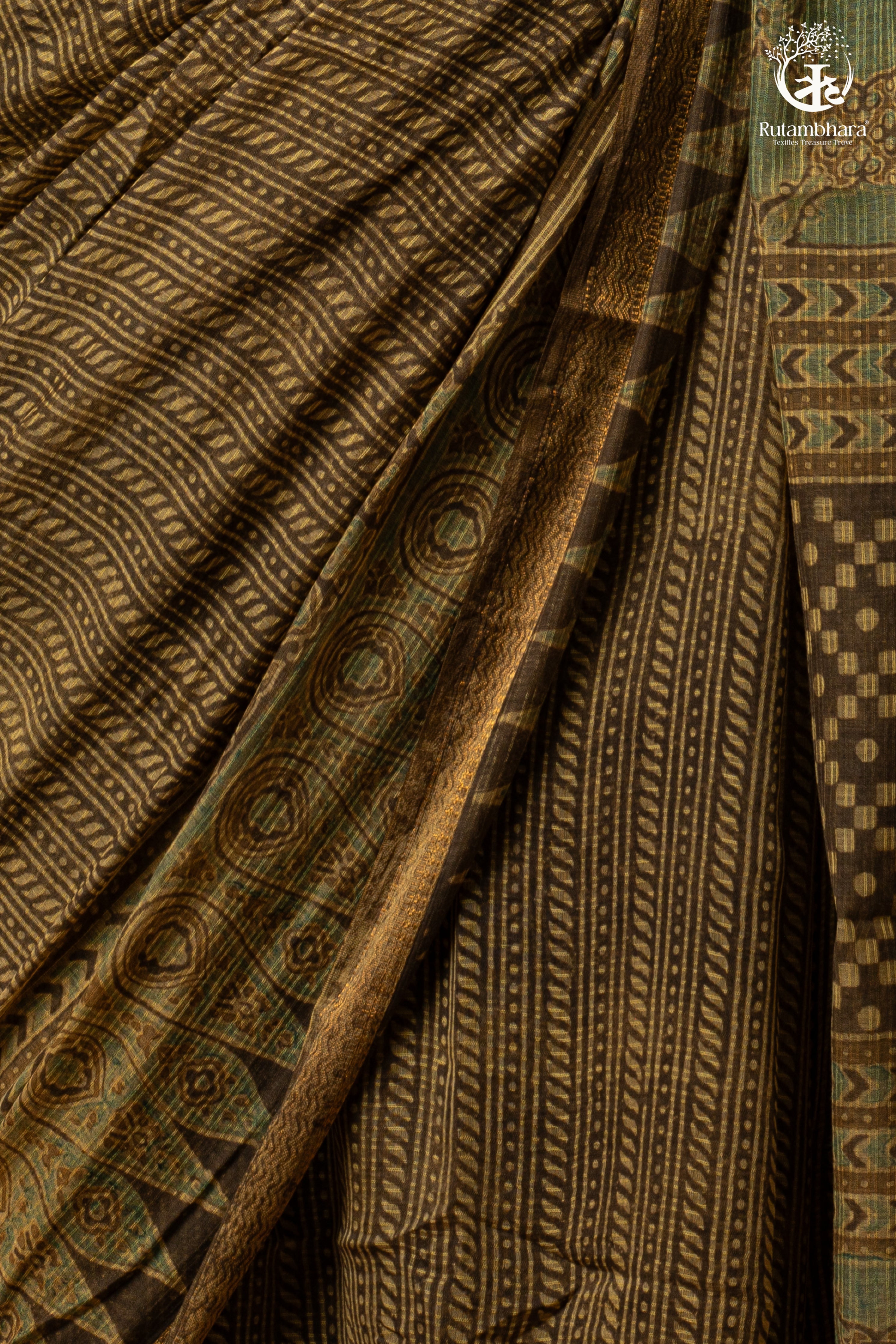 Ushraa -  Earthy Olive Ajrakh Kota Silk Cotton Saree with Delicate Gold Zari Border