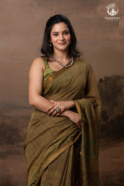 Ushraa - Earthy Olive Ajrakh Kota Silk Cotton Saree with Delicate Gold Zari Border-RUTAMBHARA-RUTAMBHARA