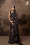Ushraa - Black and Indigo Ajrakh Hand Block Printed Kota Cotton Silk Saree with Small Silver Zari Border