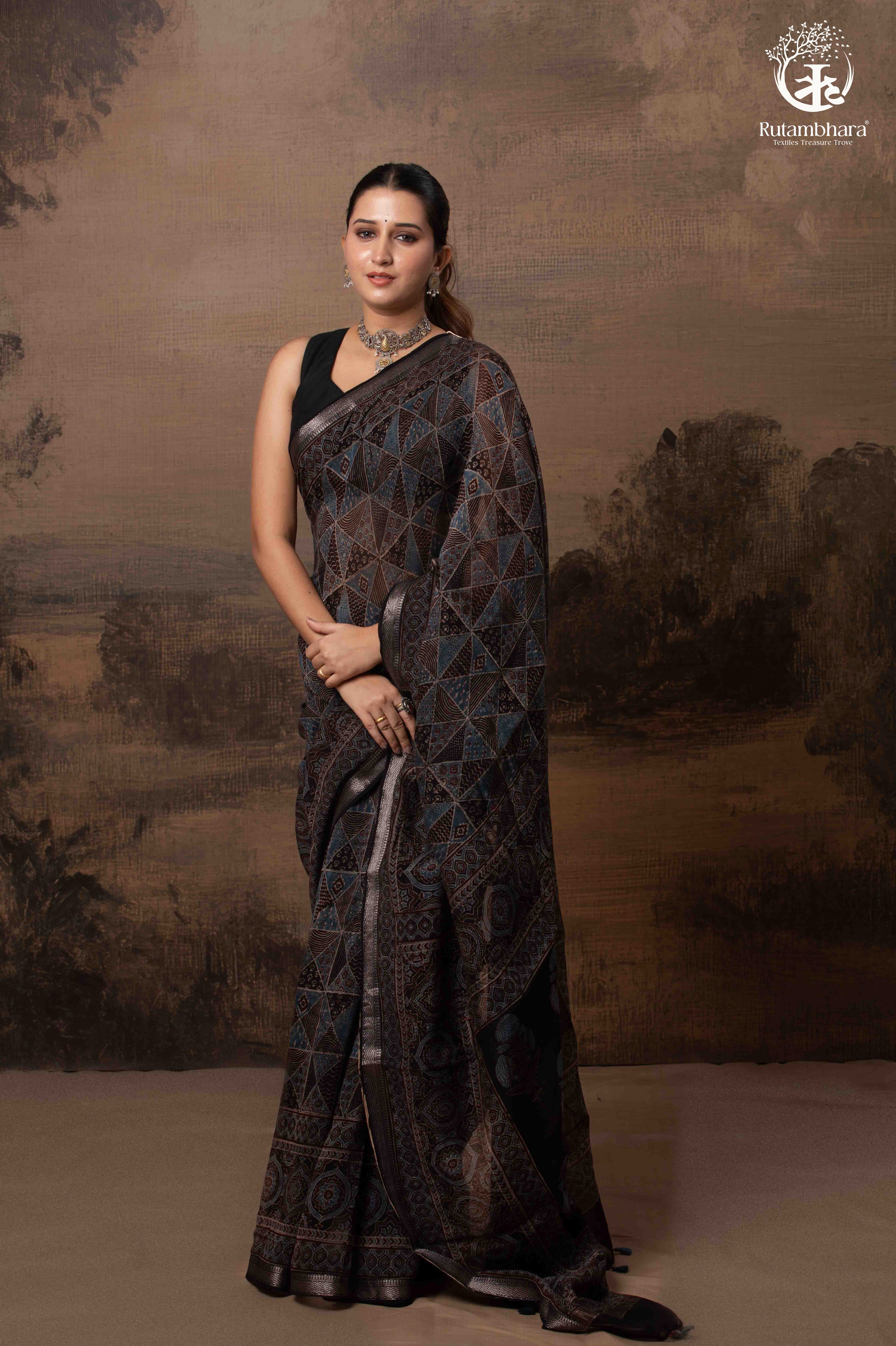 Ushraa - Black and Indigo Ajrakh Hand Block Printed Kota Cotton Silk Saree with Small Silver Zari Border