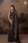 Ushraa - Black and Indigo Ajrakh Hand Block Printed Kota Cotton Silk Saree with Small Silver Zari Border