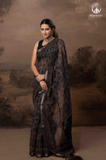 Ushraa - Black and Indigo Ajrakh Hand Block Printed Kota Cotton Silk Saree with Small Silver Zari Border-RUTAMBHARA-RUTAMBHARA