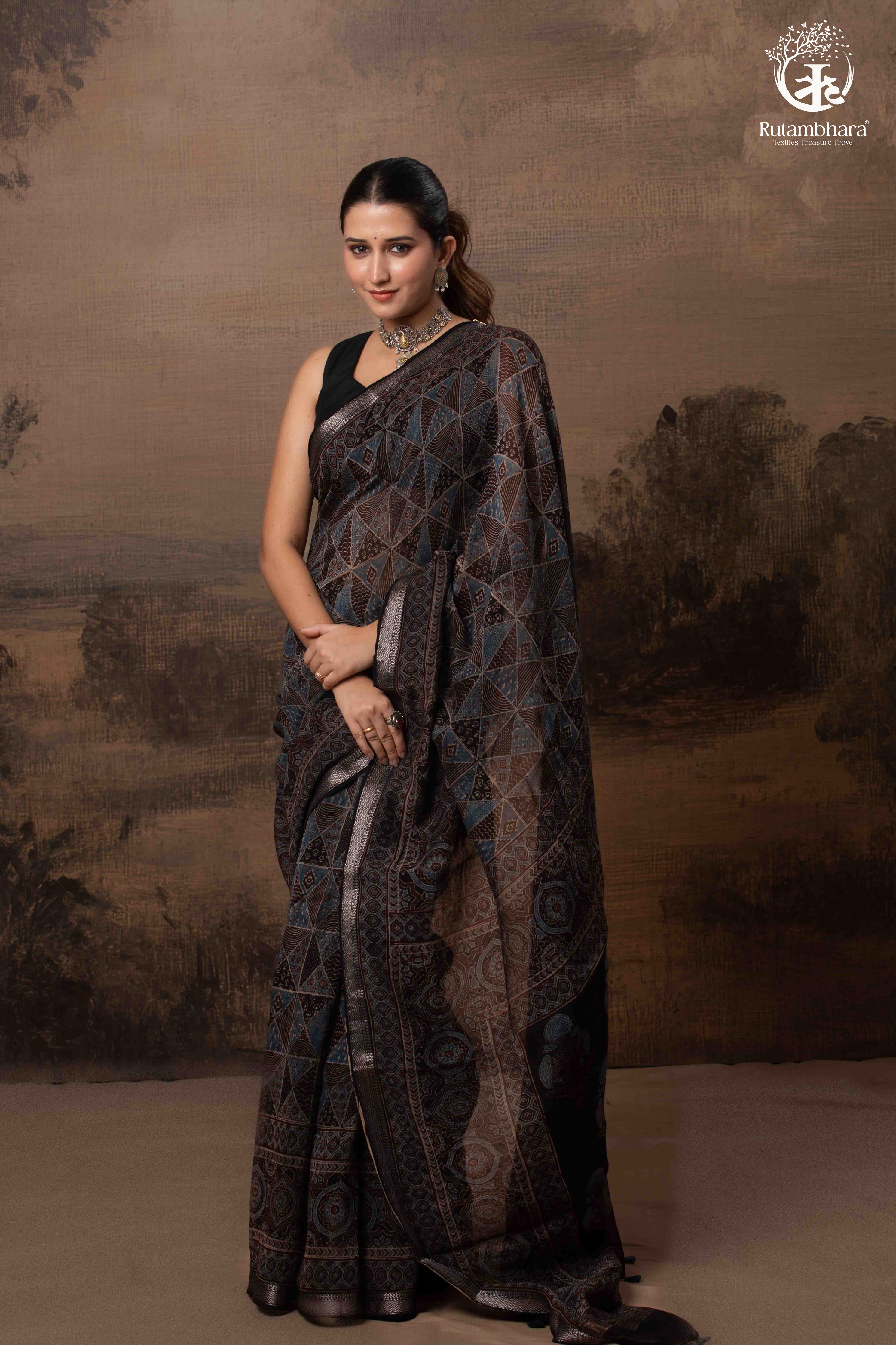 Ushraa - Black and Indigo Ajrakh Hand Block Printed Kota Cotton Silk Saree with Small Silver Zari Border