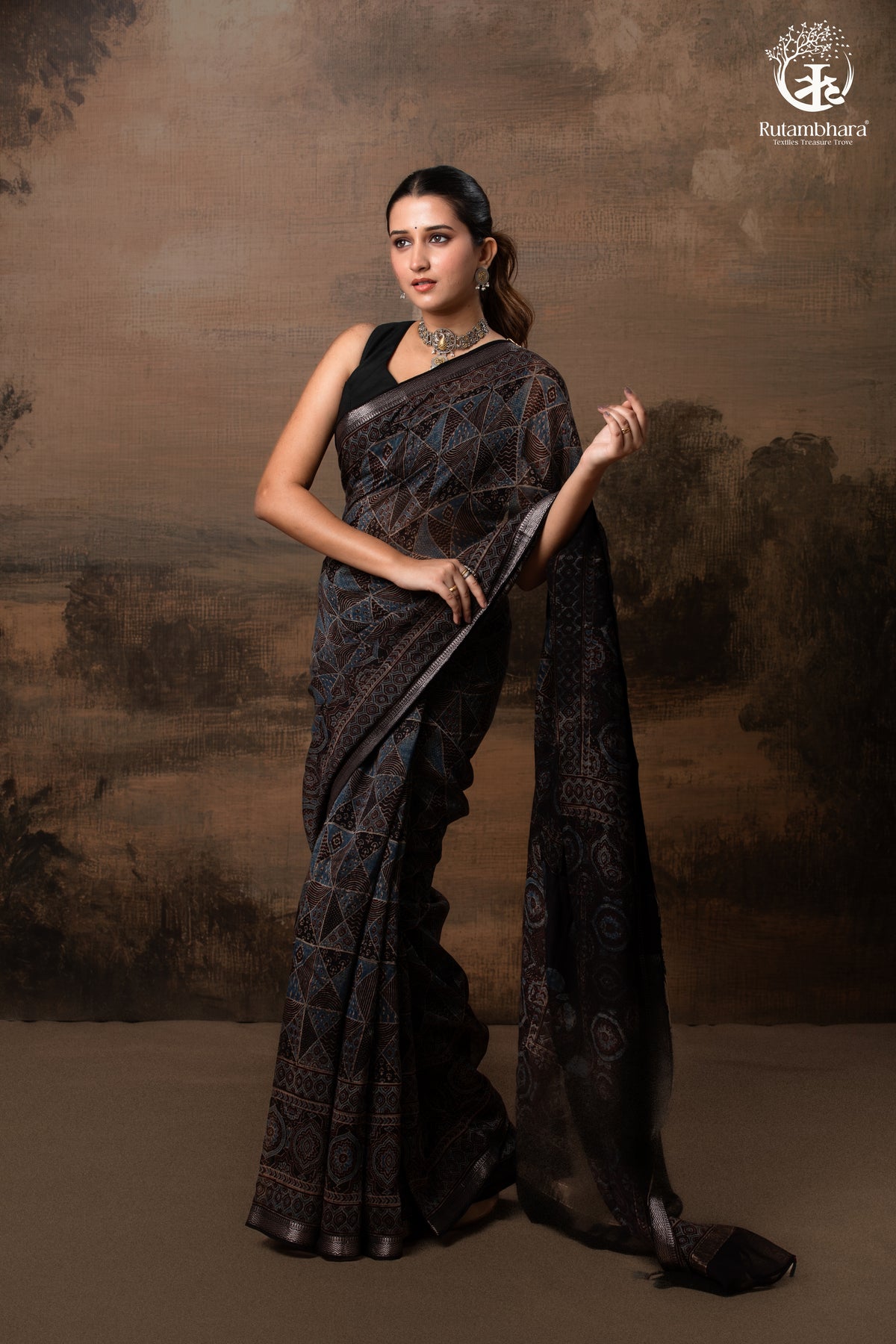 Ushraa - Black and Indigo Ajrakh Hand Block Printed Kota Cotton Silk Saree with Small Silver Zari Border
