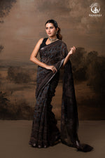 Ushraa - Black and Indigo Ajrakh Hand Block Printed Kota Cotton Silk Saree with Small Silver Zari Border-RUTAMBHARA-RUTAMBHARA