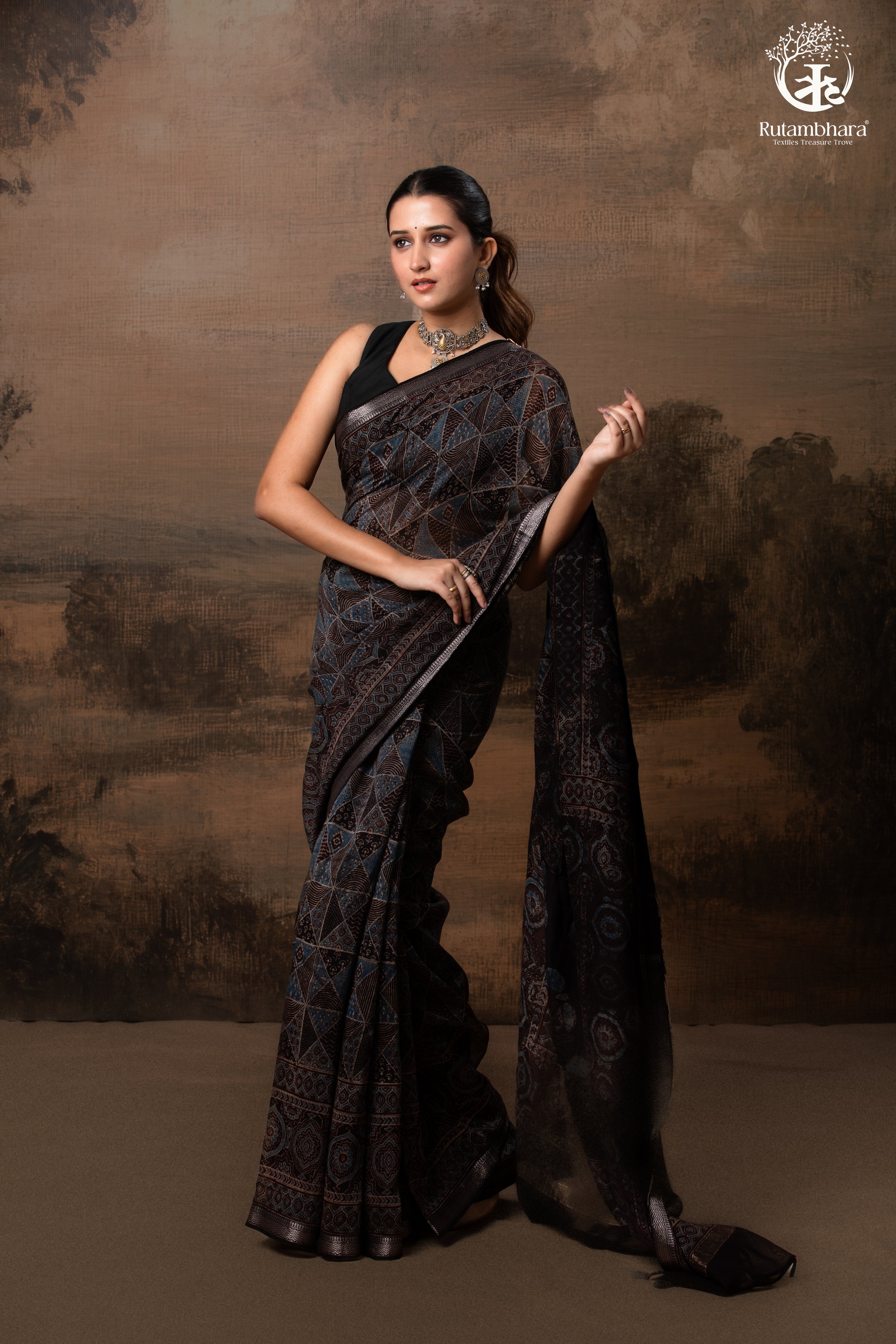 Ushraa - Black and Indigo Ajrakh Hand Block Printed Kota Cotton Silk Saree with Small Silver Zari Border
