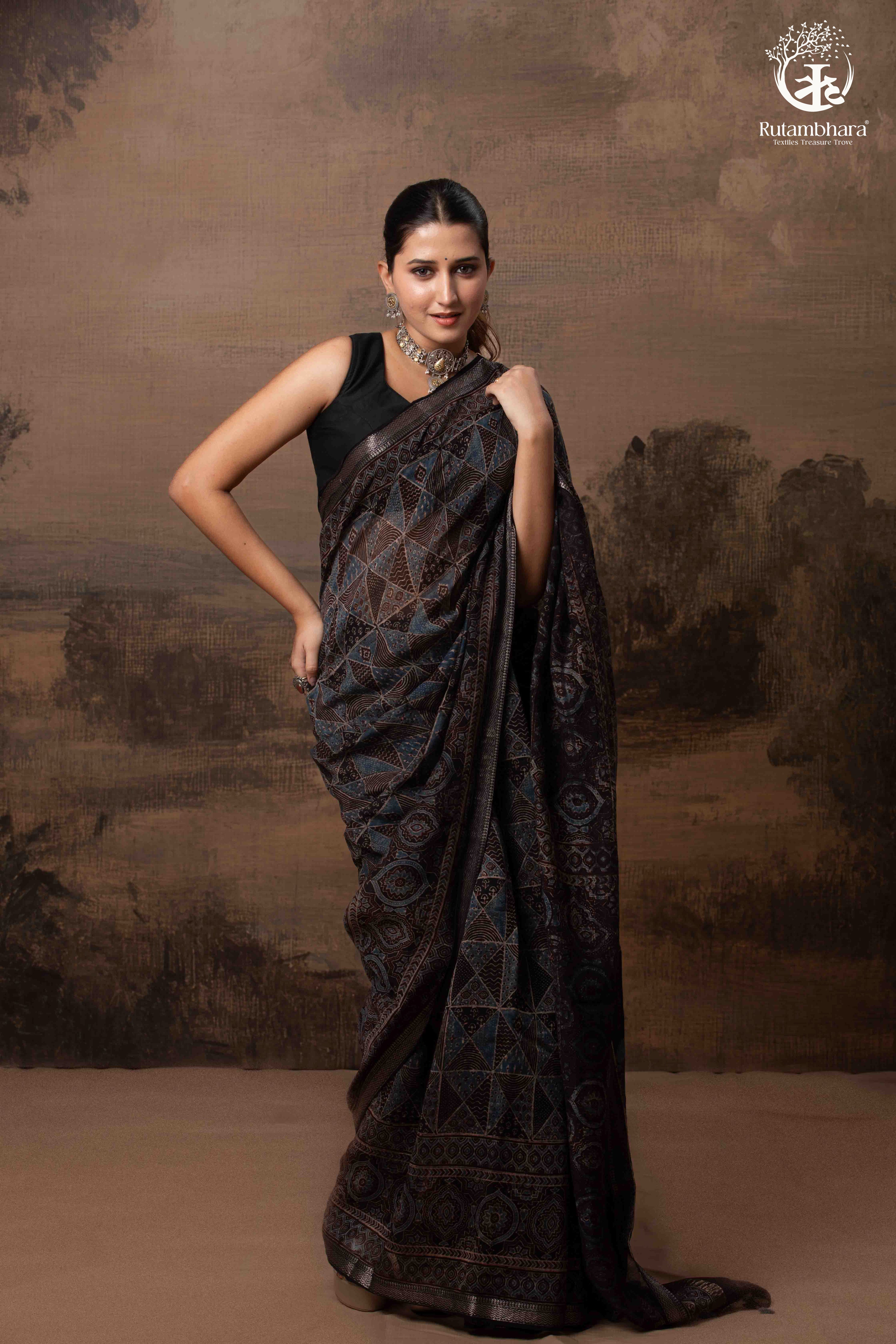 Ushraa - Black and Indigo Ajrakh Hand Block Printed Kota Cotton Silk Saree with Small Silver Zari Border