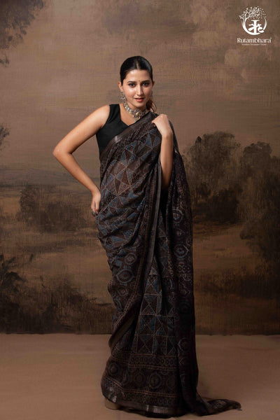 Ushraa - Black and Indigo Ajrakh Hand Block Printed Kota Cotton Silk Saree with Small Silver Zari Border-RUTAMBHARA-RUTAMBHARA