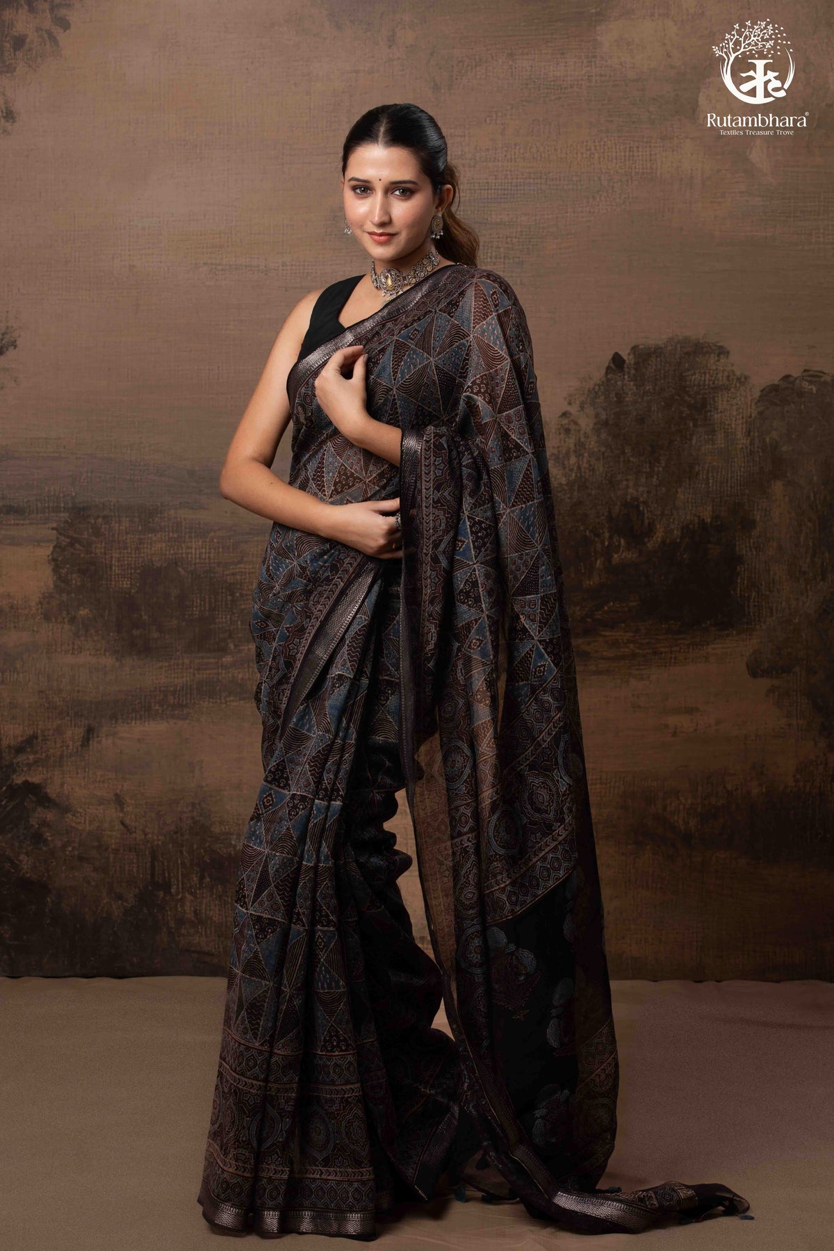 Ushraa - Black and Indigo Ajrakh Hand Block Printed Kota Cotton Silk Saree with Small Silver Zari Border