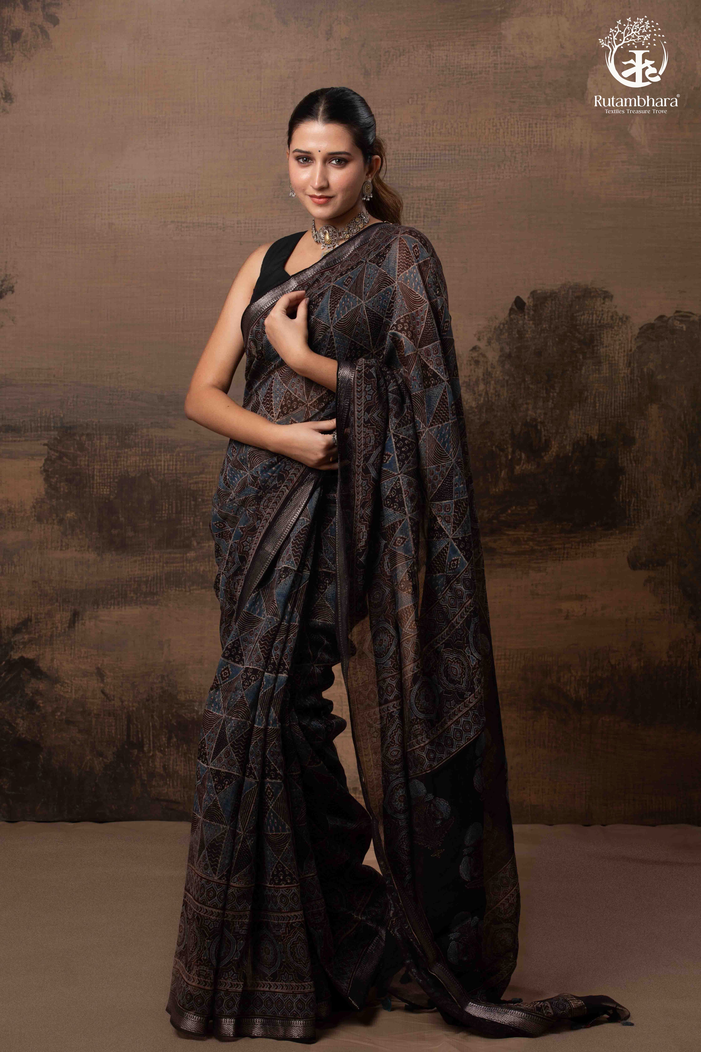 Ushraa - Black and Indigo Ajrakh Hand Block Printed Kota Cotton Silk Saree with Small Silver Zari Border