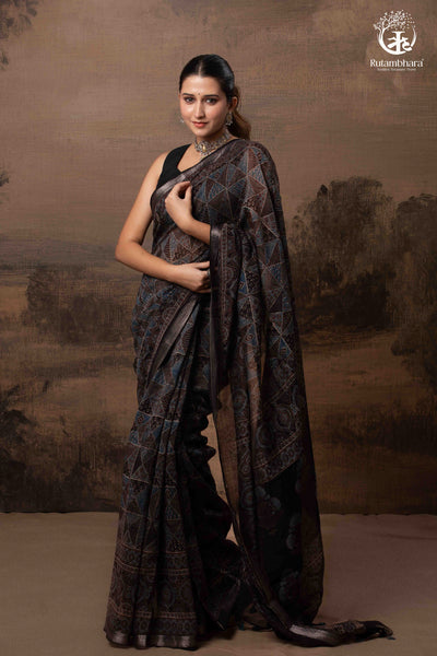 Ushraa - Black and Indigo Ajrakh Hand Block Printed Kota Cotton Silk Saree with Small Silver Zari Border-RUTAMBHARA-RUTAMBHARA