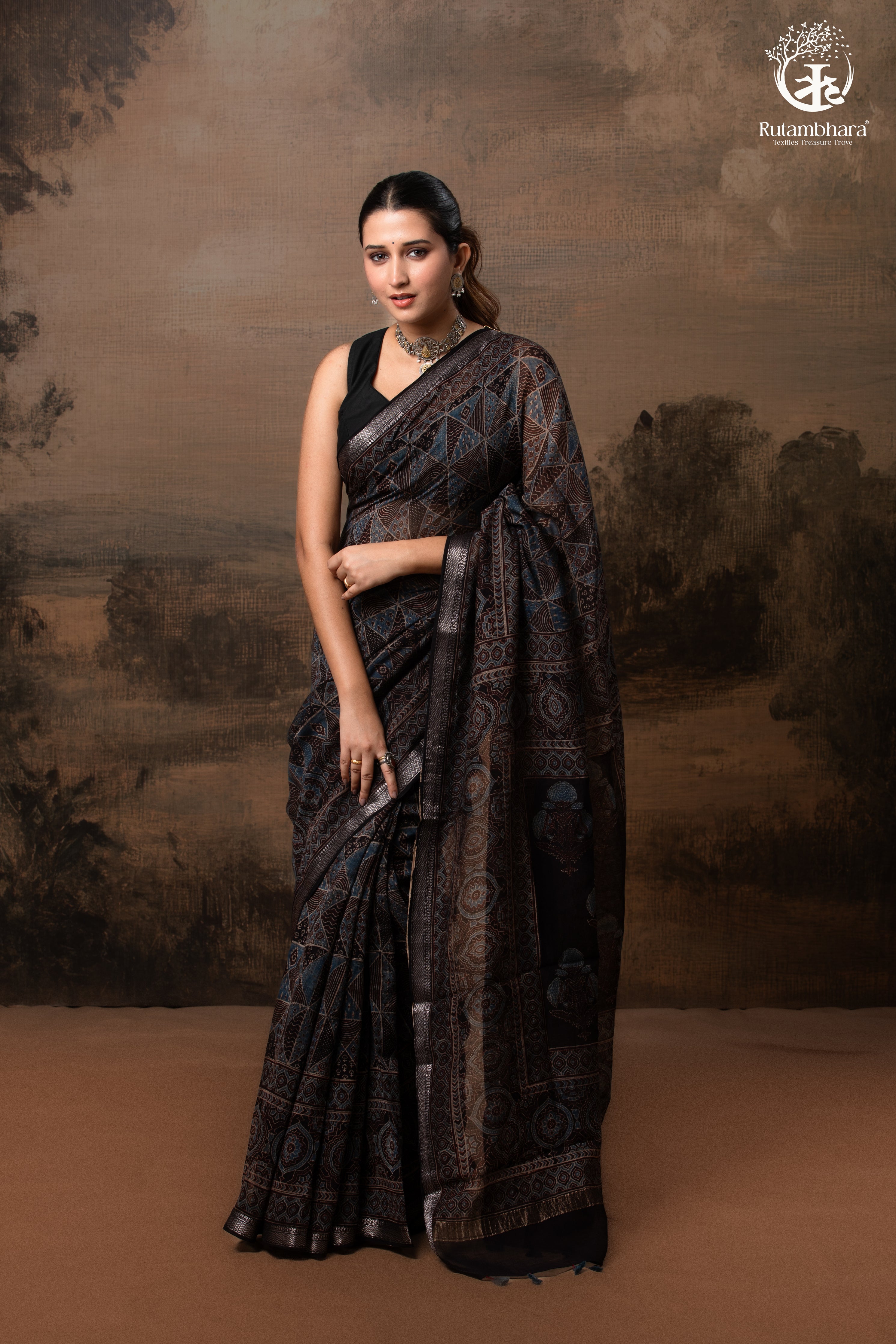 Ushraa - Black and Indigo Ajrakh Hand Block Printed Kota Cotton Silk Saree with Small Silver Zari Border