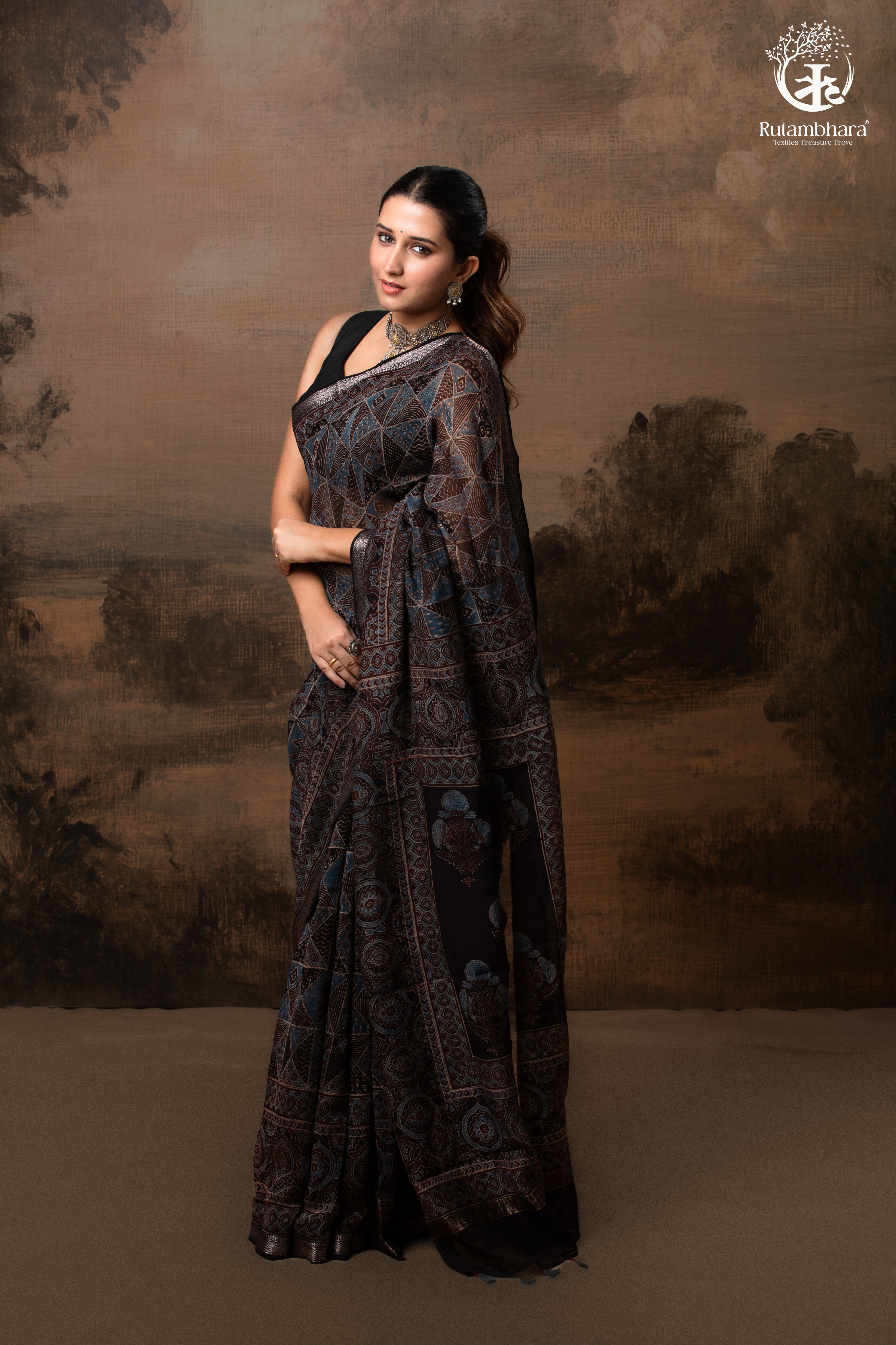 Ushraa - Black and Indigo Ajrakh Hand Block Printed Kota Cotton Silk Saree with Small Silver Zari Border