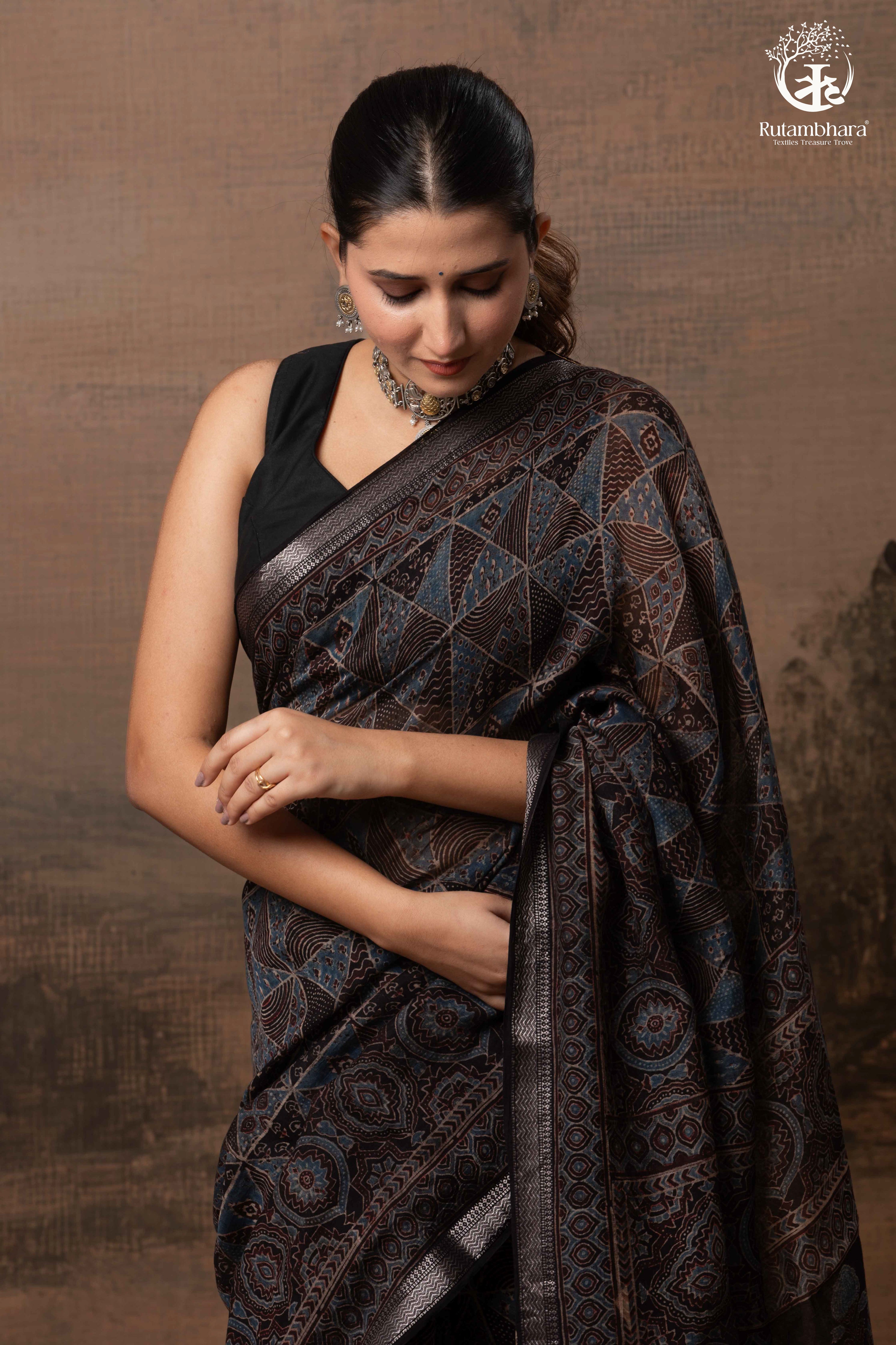 Ushraa - Black and Indigo Ajrakh Hand Block Printed Kota Cotton Silk Saree with Small Silver Zari Border