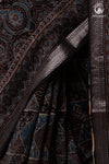 Ushraa - Black and Indigo Ajrakh Hand Block Printed Kota Cotton Silk Saree with Small Silver Zari Border