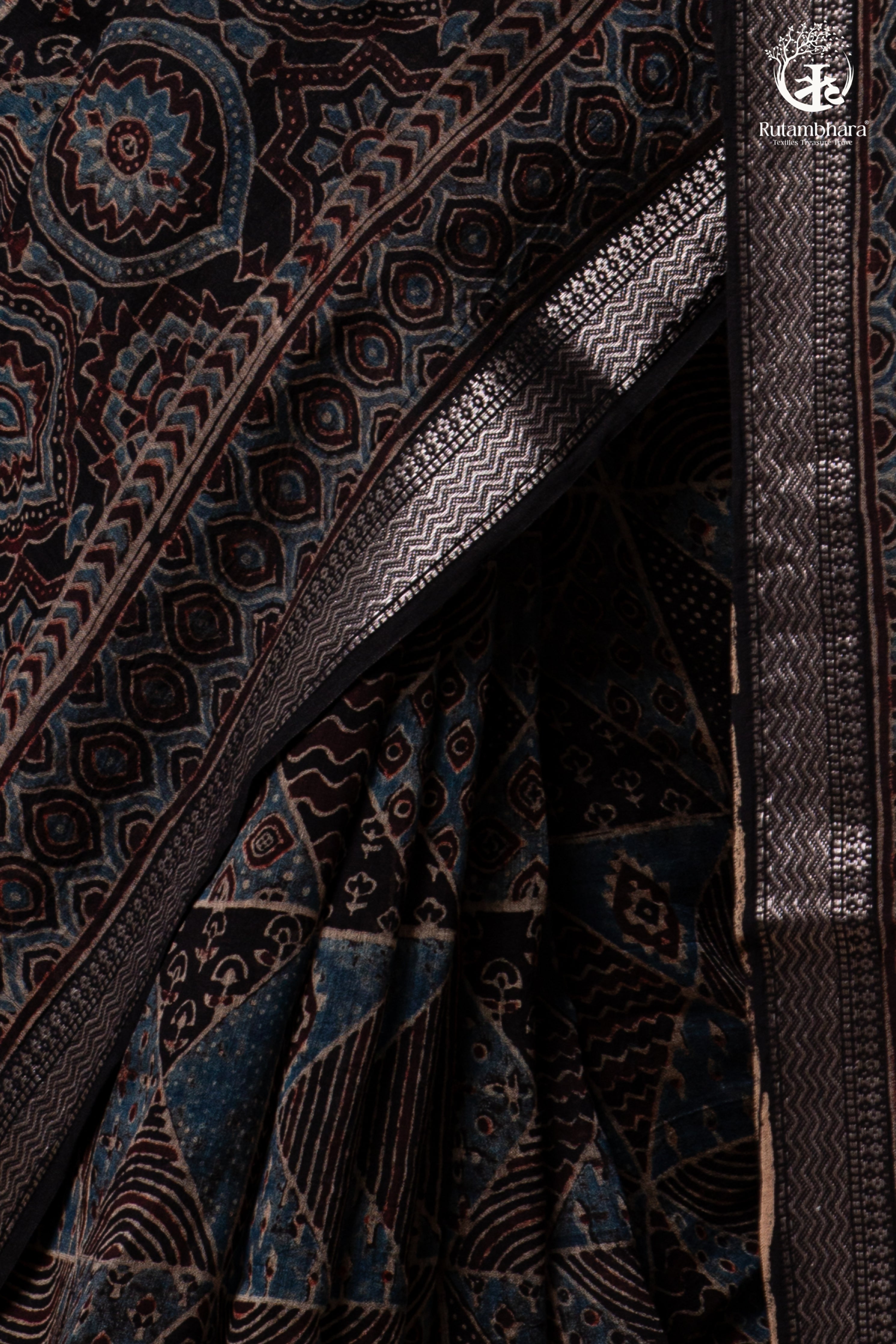 Ushraa - Black and Indigo Ajrakh Hand Block Printed Kota Cotton Silk Saree with Small Silver Zari Border
