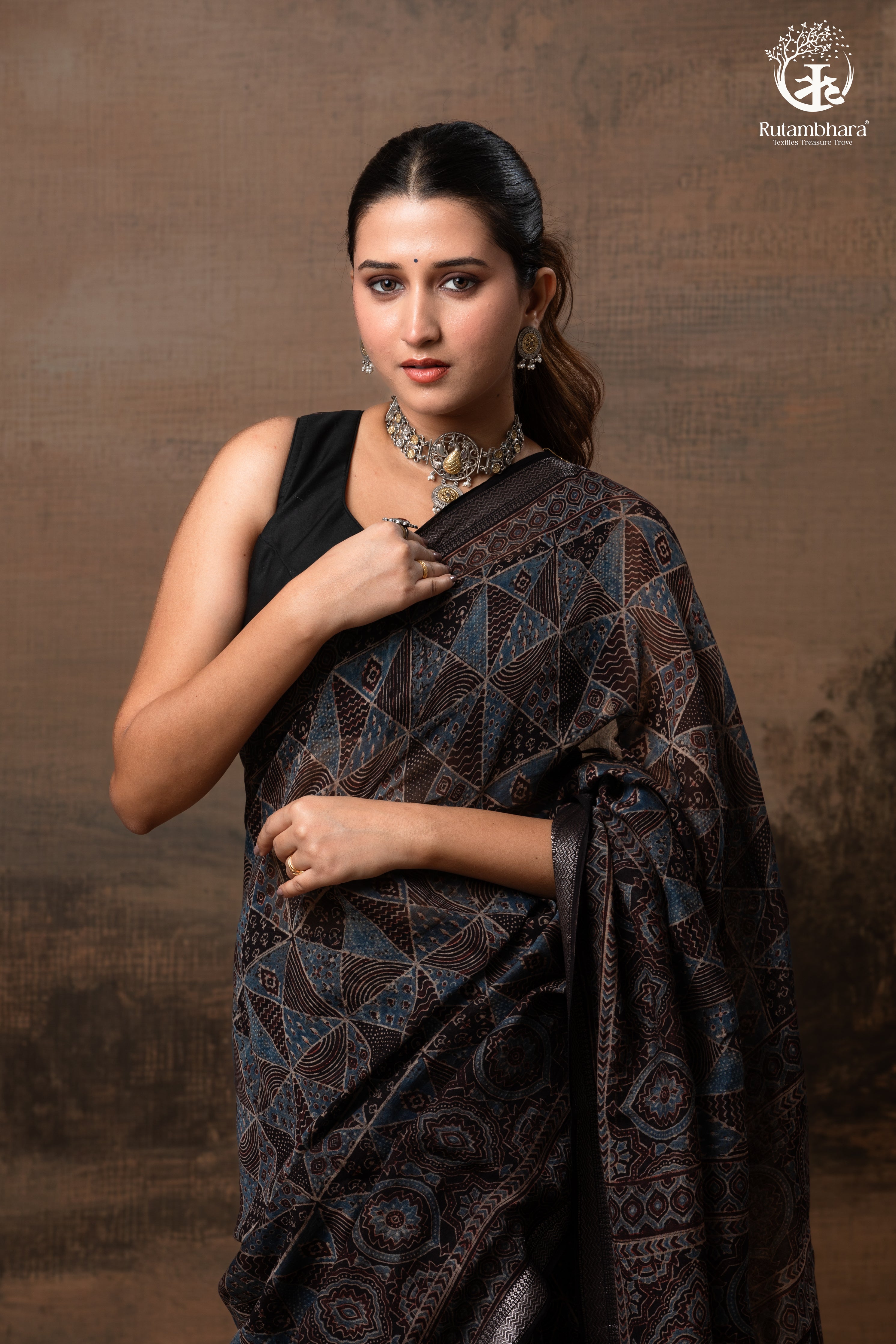 Ushraa - Black and Indigo Ajrakh Hand Block Printed Kota Cotton Silk Saree with Small Silver Zari Border