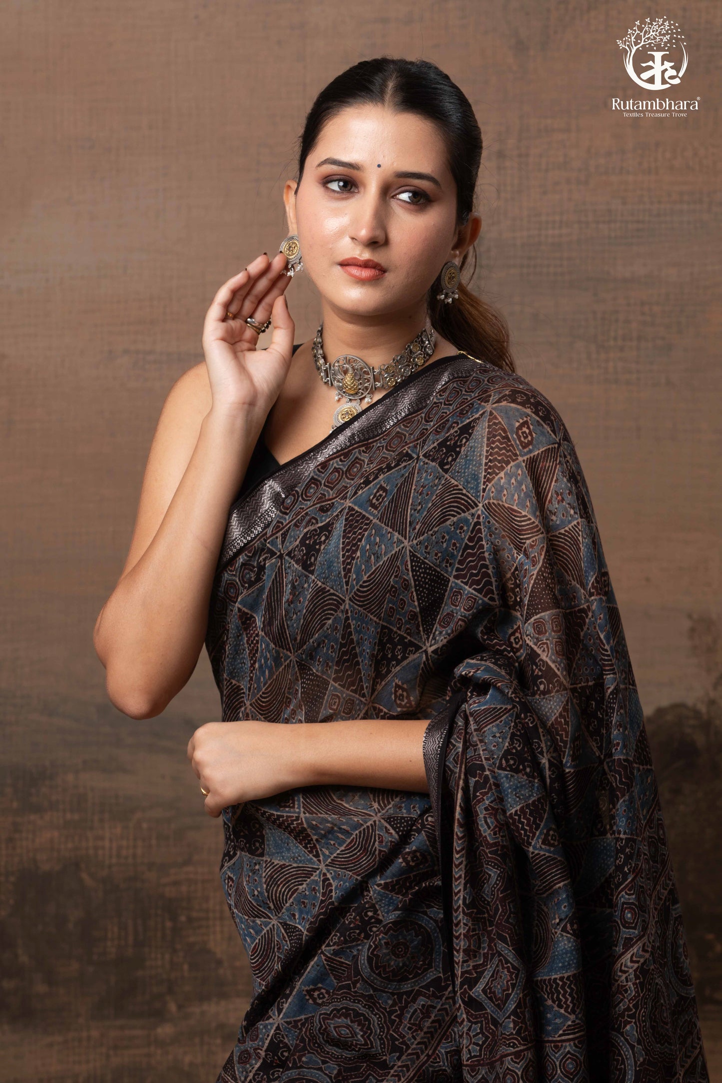 Ushraa - Black and Indigo Ajrakh Hand Block Printed Kota Cotton Silk Saree with Small Silver Zari Border