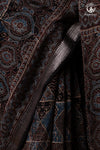 Ushraa - Black and Indigo Ajrakh Hand Block Printed Kota Cotton Silk Saree with Small Silver Zari Border