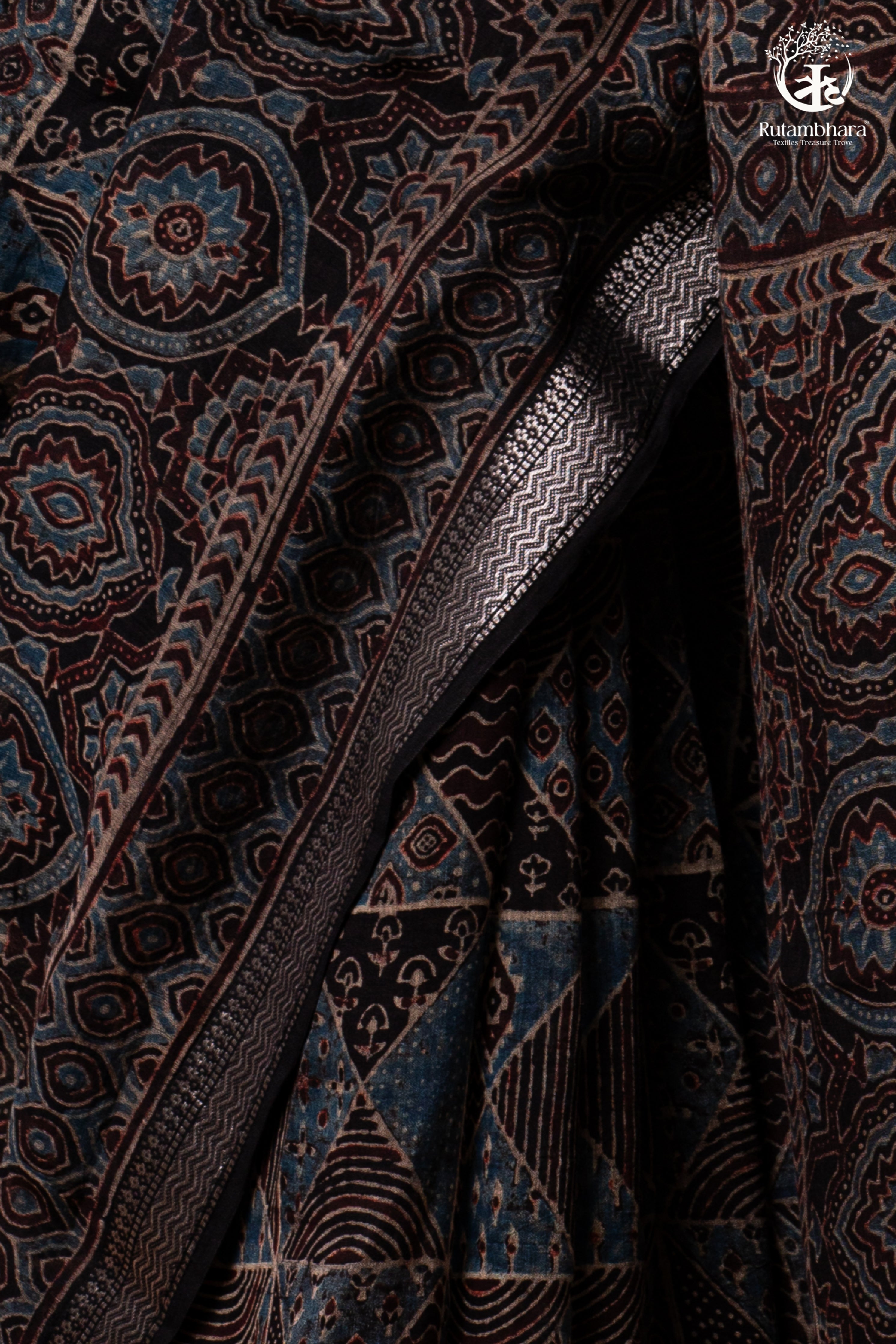 Ushraa - Black and Indigo Ajrakh Hand Block Printed Kota Cotton Silk Saree with Small Silver Zari Border