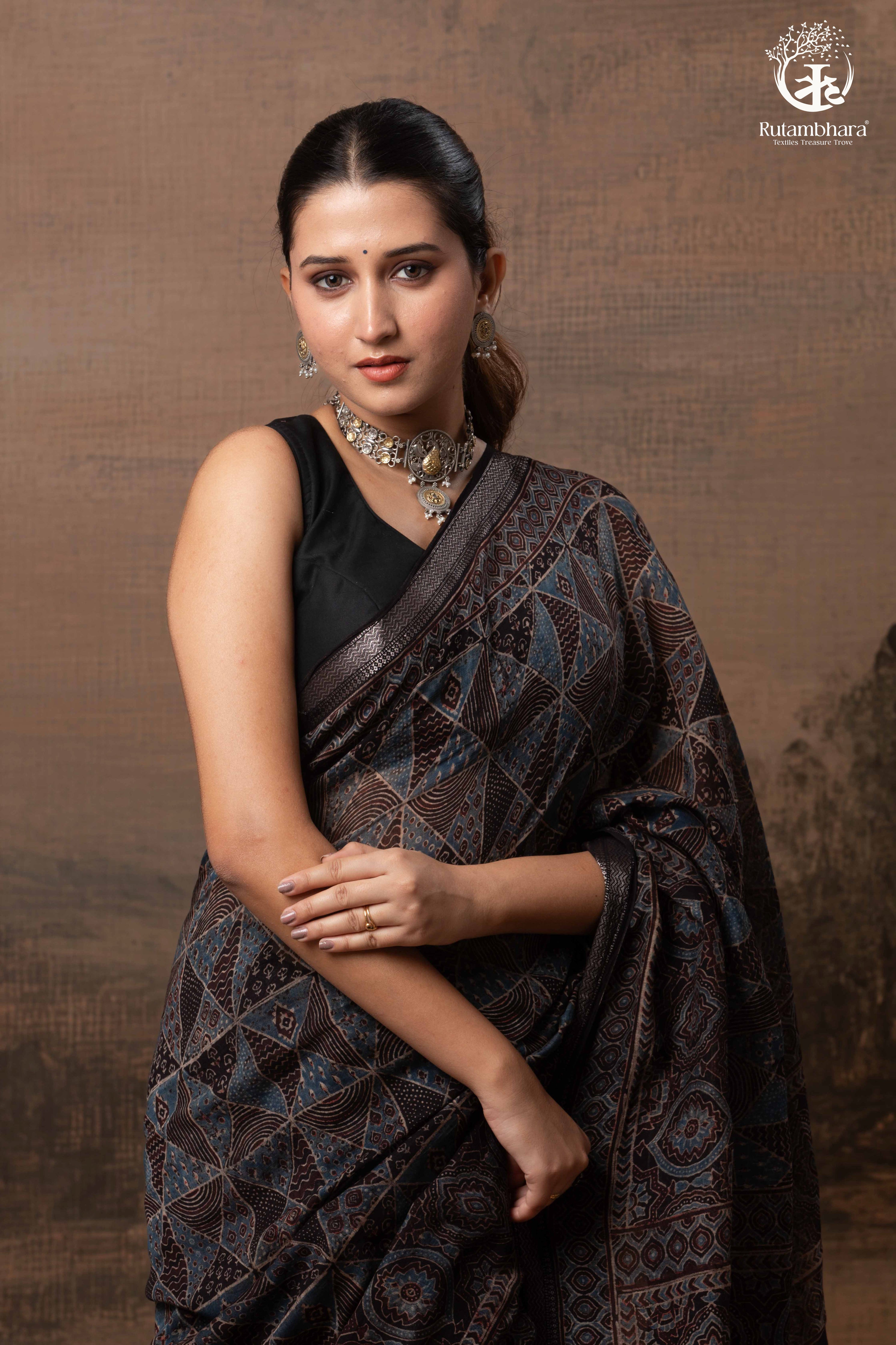 Ushraa - Black and Indigo Ajrakh Hand Block Printed Kota Cotton Silk Saree with Small Silver Zari Border