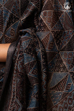 Ushraa - Black and Indigo Ajrakh Hand Block Printed Kota Cotton Silk Saree with Small Silver Zari Border-RUTAMBHARA-RUTAMBHARA