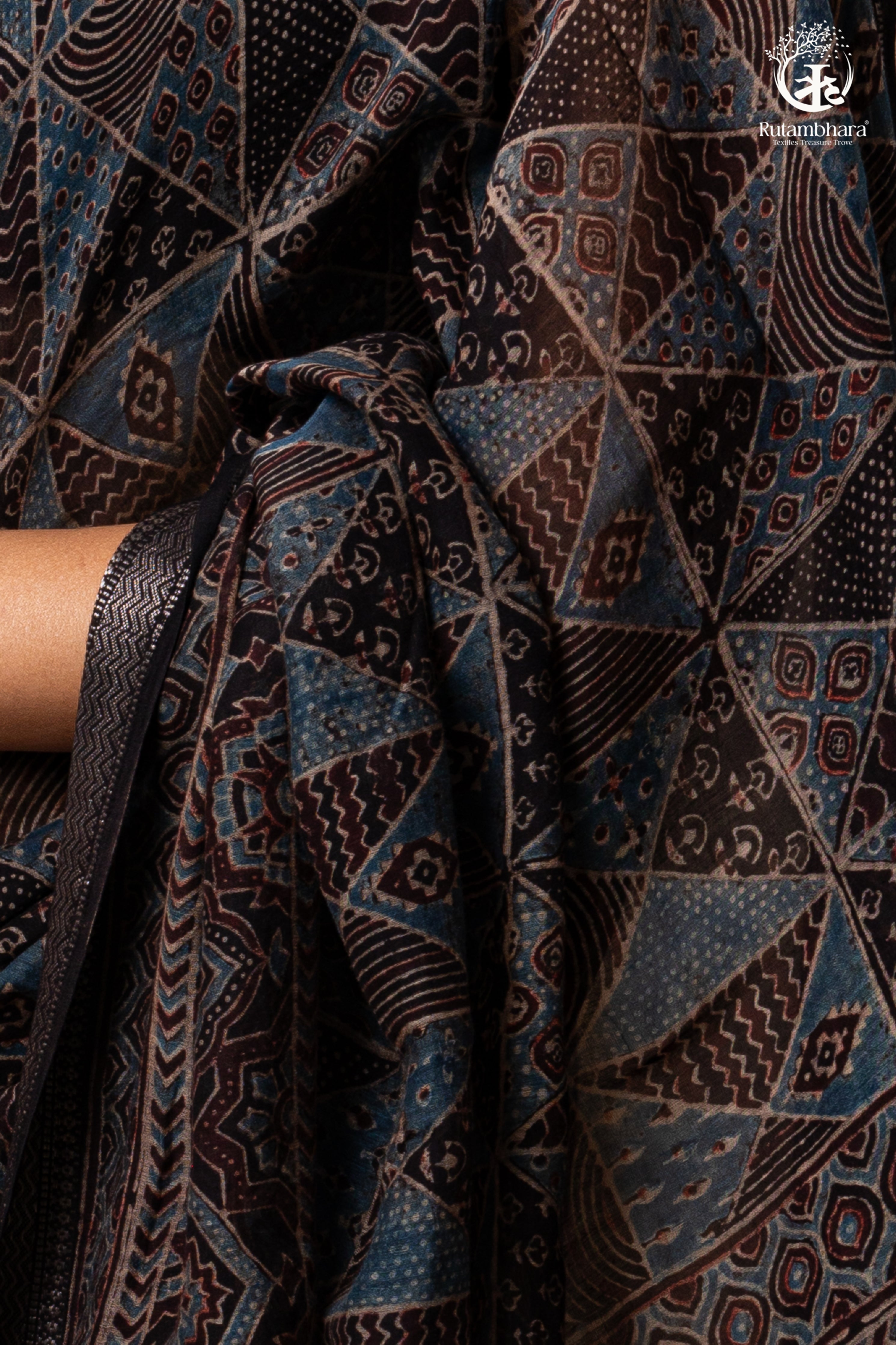 Ushraa - Black and Indigo Ajrakh Hand Block Printed Kota Cotton Silk Saree with Small Silver Zari Border